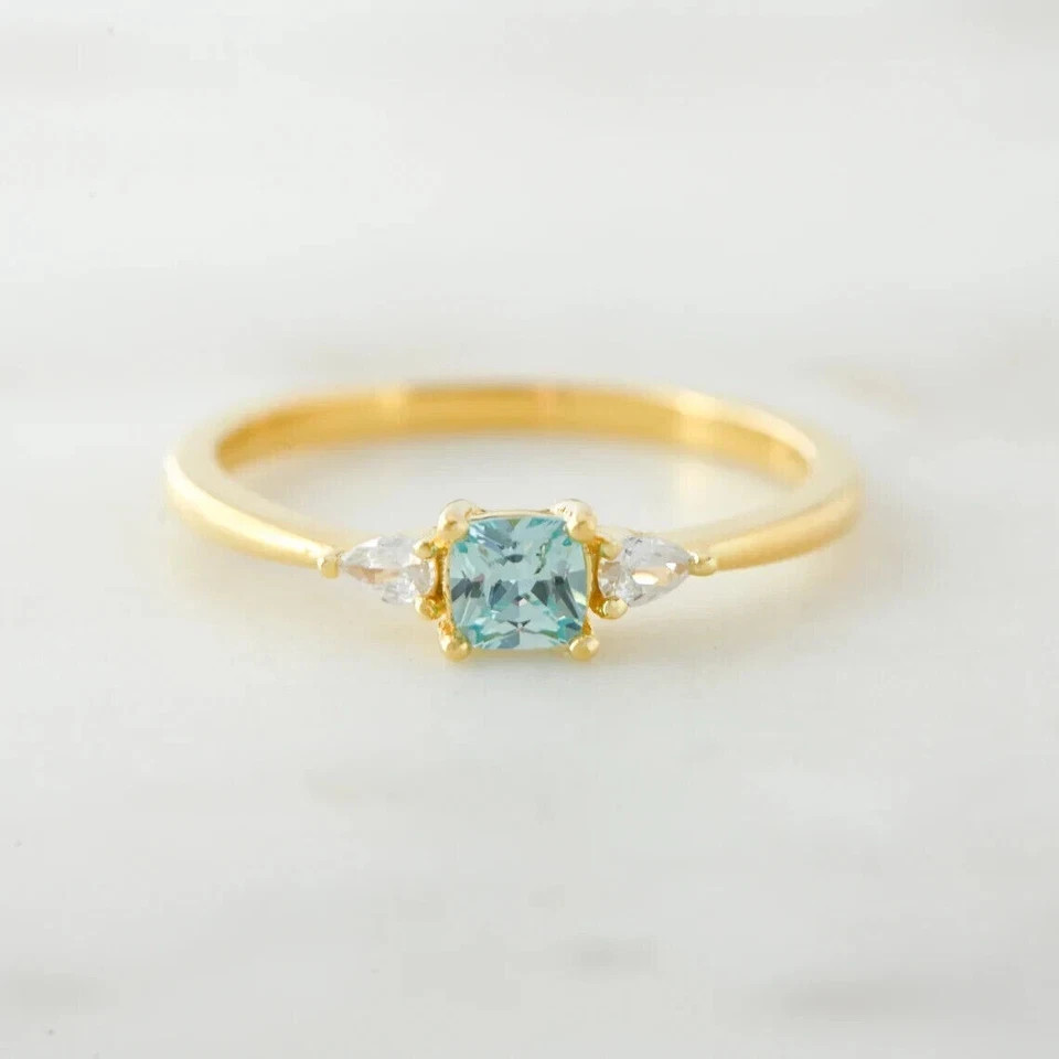 1.50Ct Cushion Cut Simulated Aquamarine Engagement Ring 14k Yellow Gold Plated