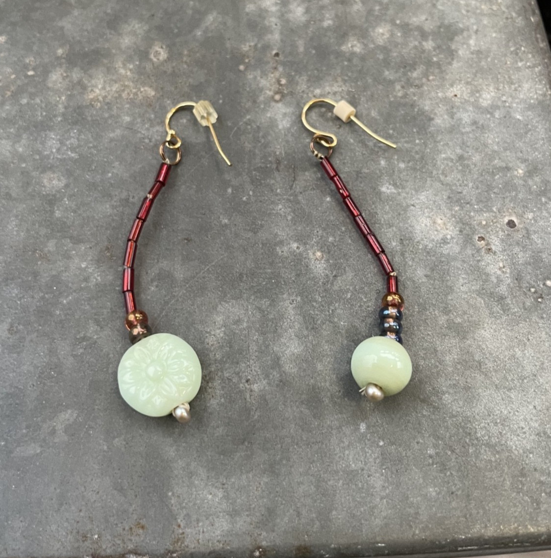 Artisan blue/green and red beaded Drop Earrings w/ flower etching