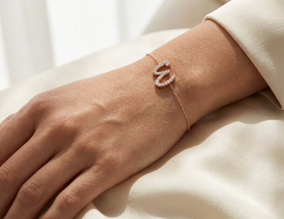 0.14ct F-G Round Lab Grown Diamond Alphabet Bracelet 18K Rose Gold Certified