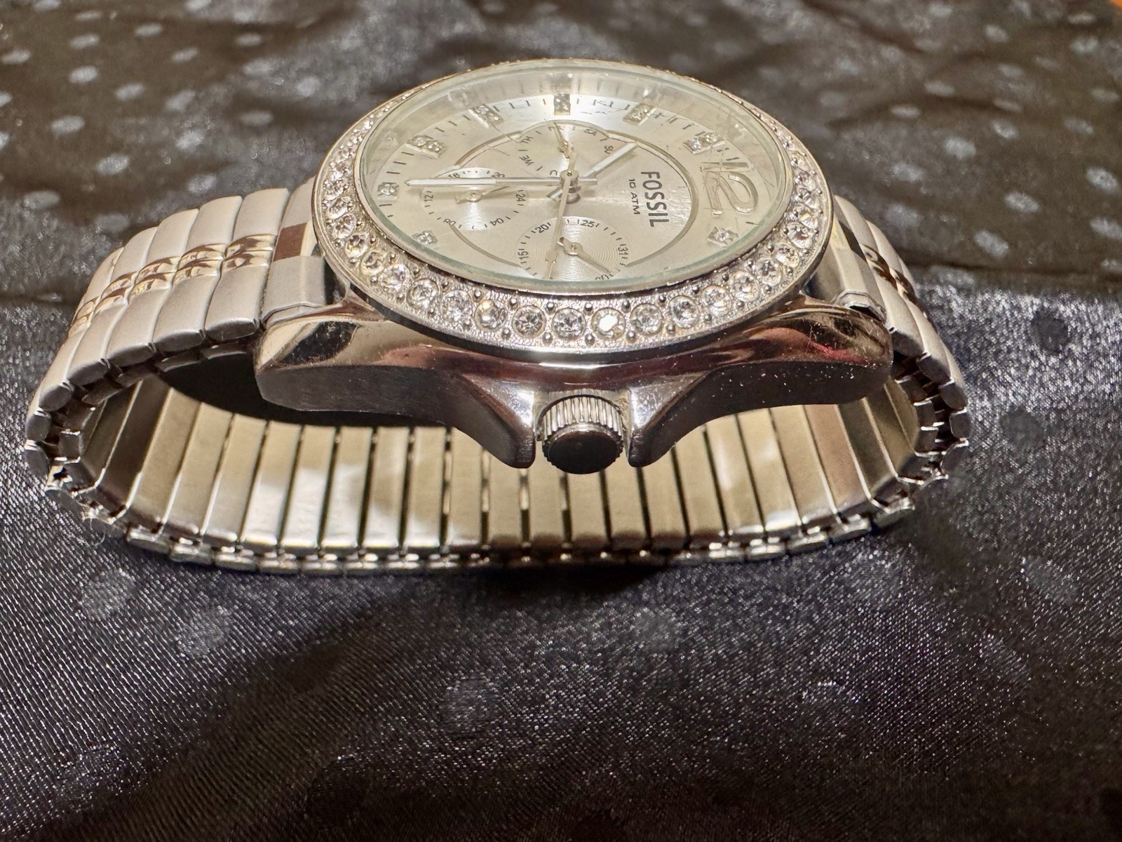 Fossil ES2344 Women’s Silver Tone Crystal Bezel Multifunction Watch Stretch Band