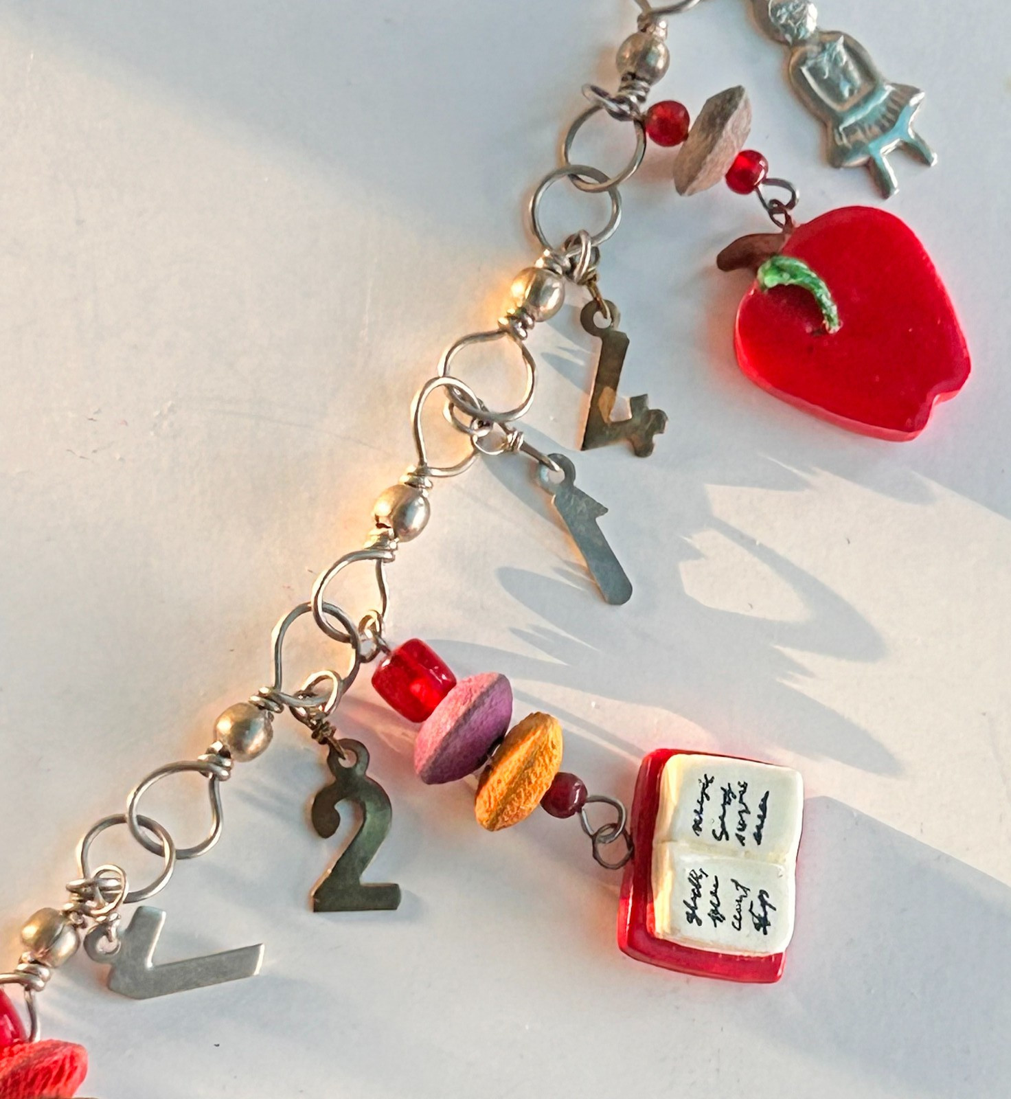 Kitchy School Teacher Themed Charm Necklace Buses Pencils Books Numbers 31″ J10