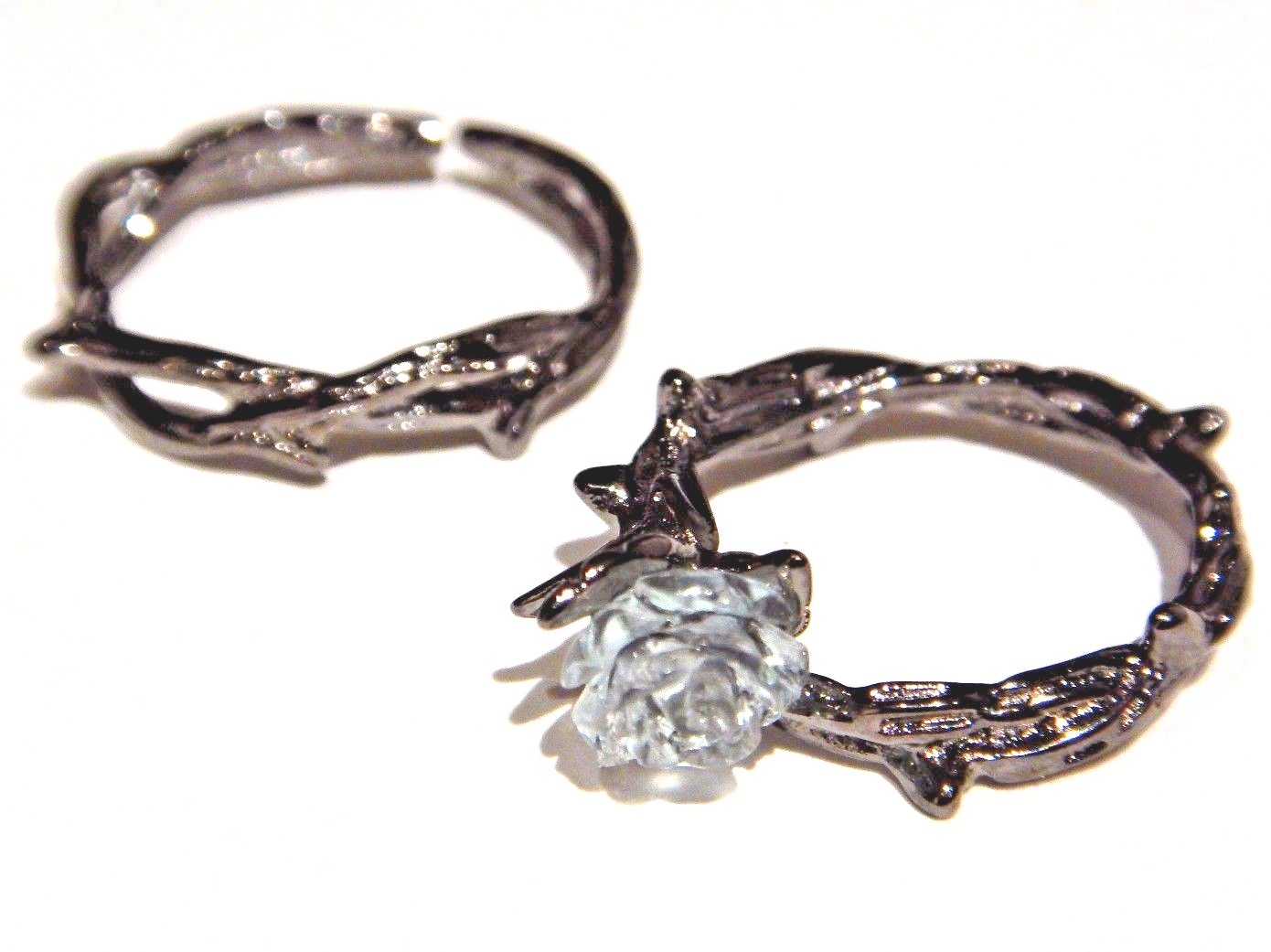 BLACK THORNS BLUE ROSE RING SET gunmetal silver clear vine crown gothic pair 3I