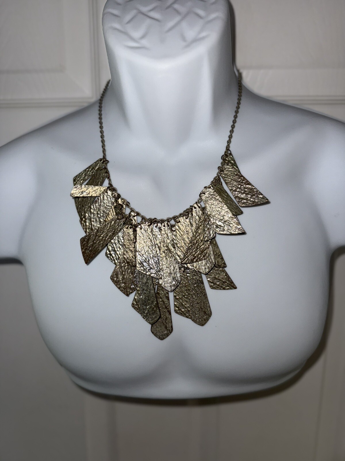 Silver Toned Bib Type Hammered Metal Charm Necklace adjustable
