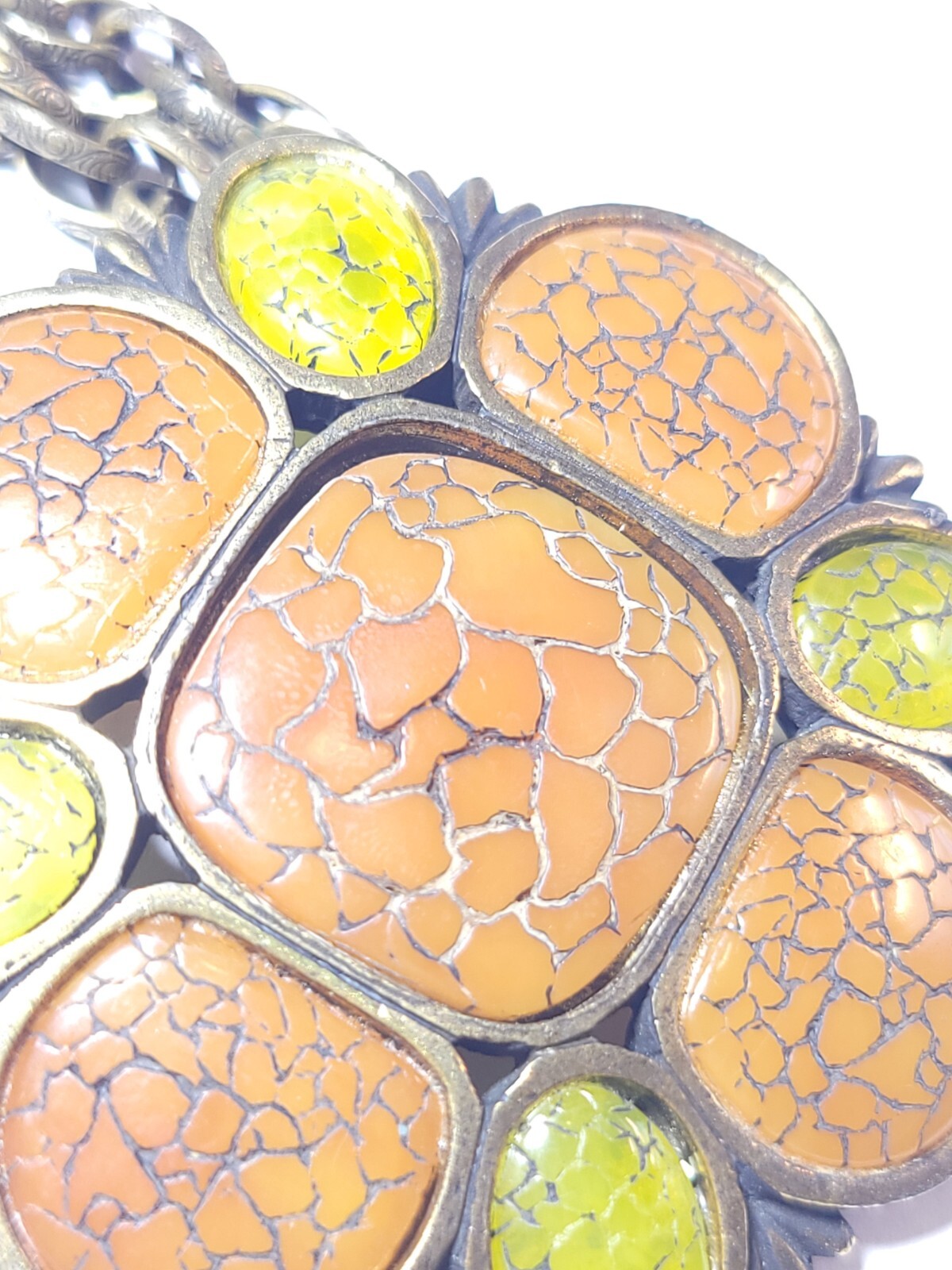 Hobé Vintage Necklace Orange Lime Green Thermoplastic Amulet Pendant 16″ Chain