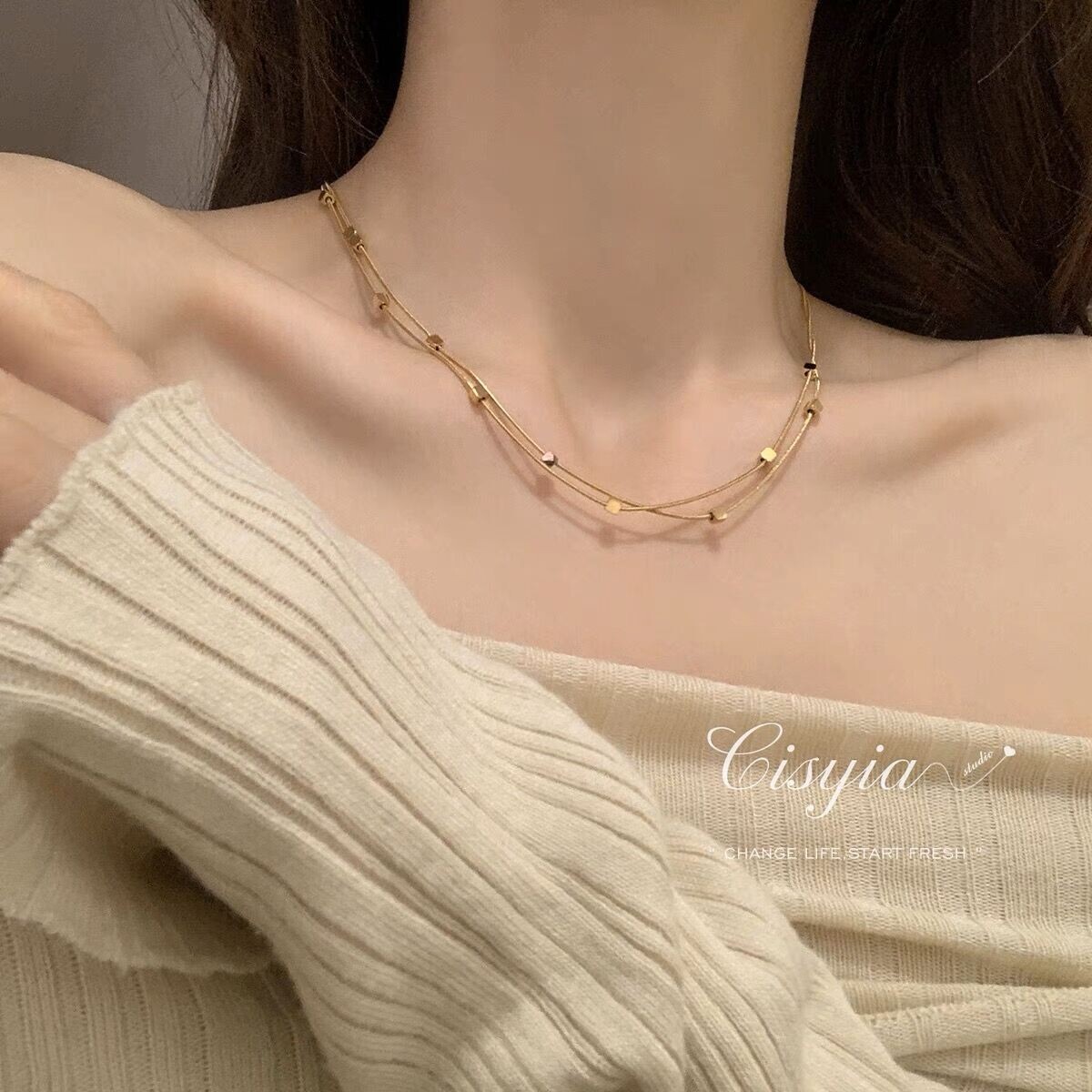 Woman 18K Gold Plated Stainless Steel Cubes 2 Layers Necklace Chain