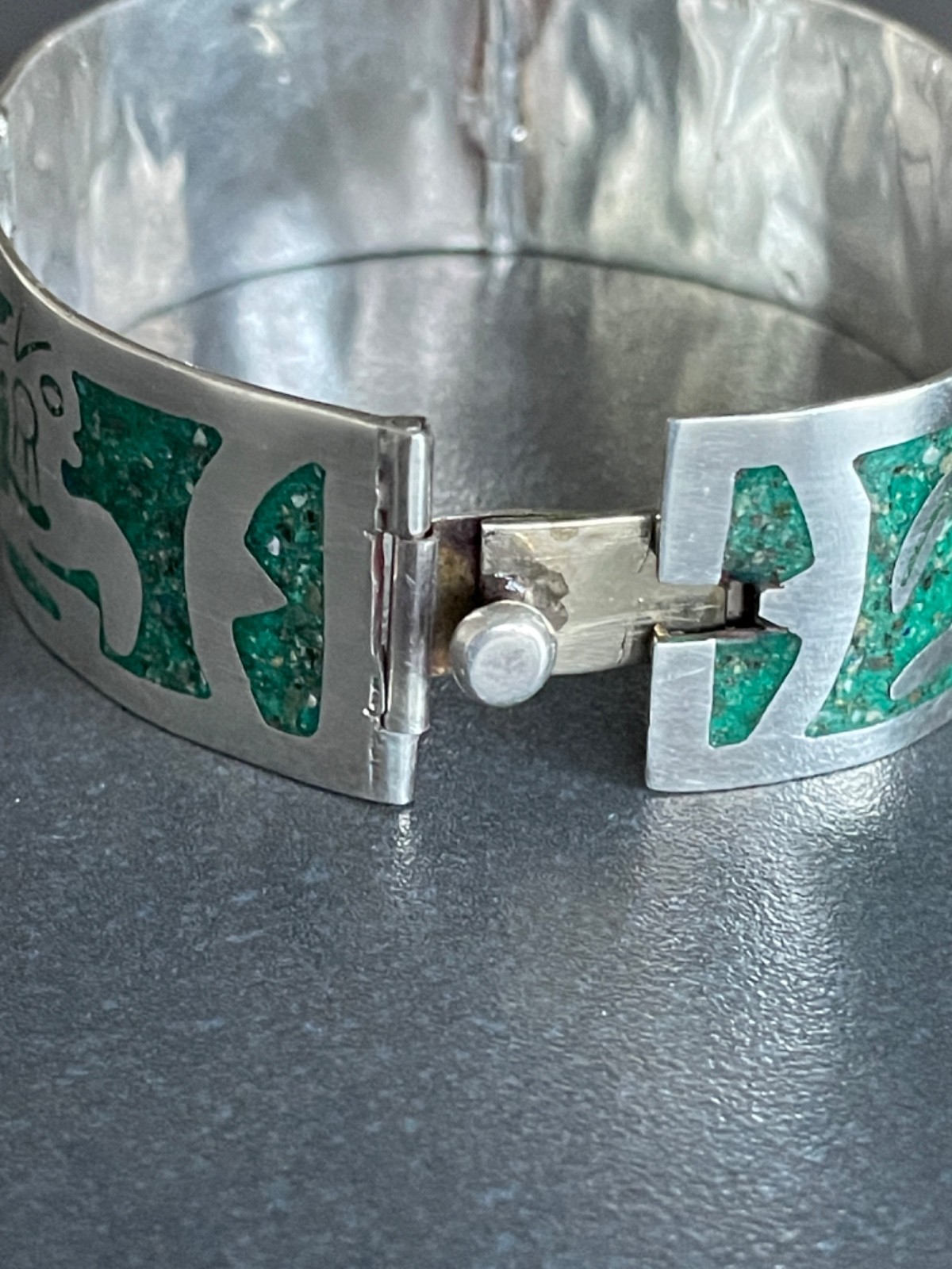 Solid 925 Silver Bracelet from Taxco Mexico Handmade with Green Stone Inlay