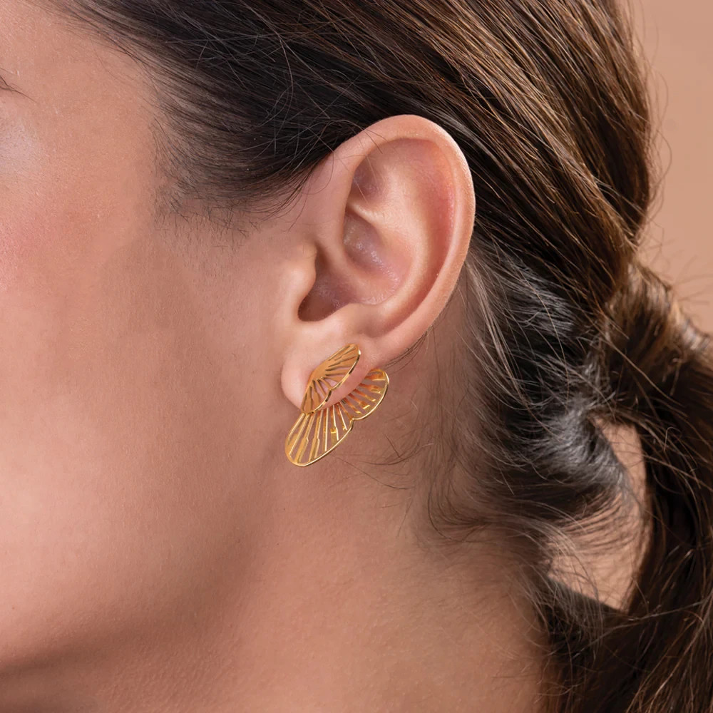 14k Gold Plated Fan Ear Jacket Earrings, Cutout Lotus Shell Front Back Earrings