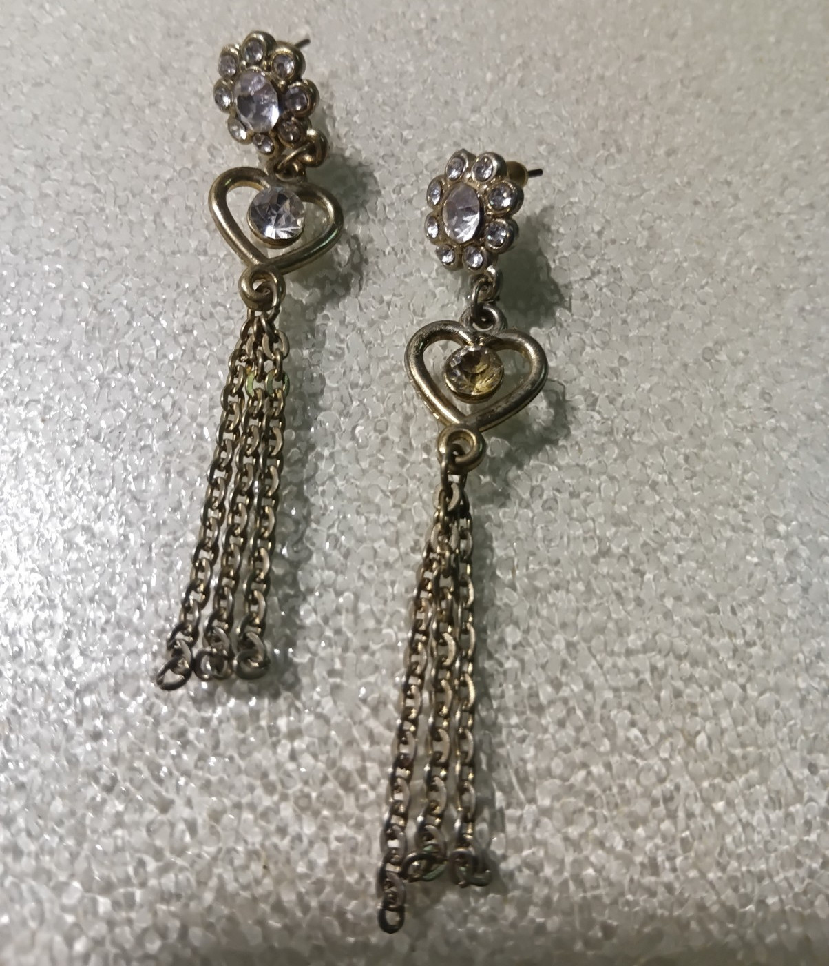 Gold Tone Heart Tassel Dangle/Drop Stud Earrings Clear Crystal Butterfly Back