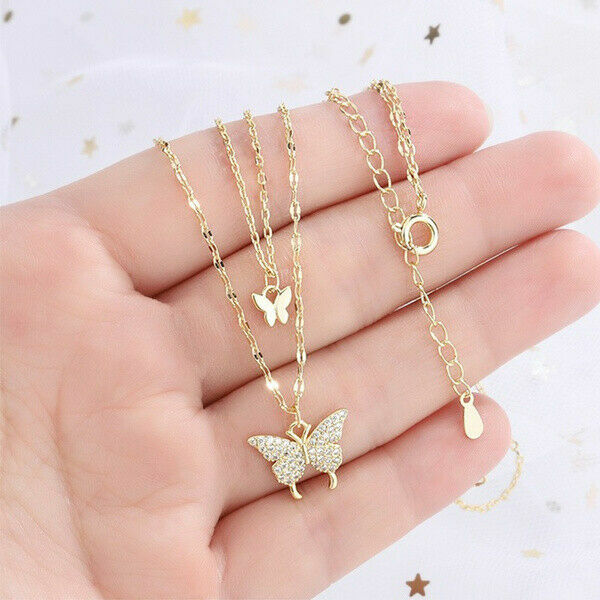 925 Silver Double Layer Butterfly Pendant Clavicle Chain Necklace Womens Jewelry