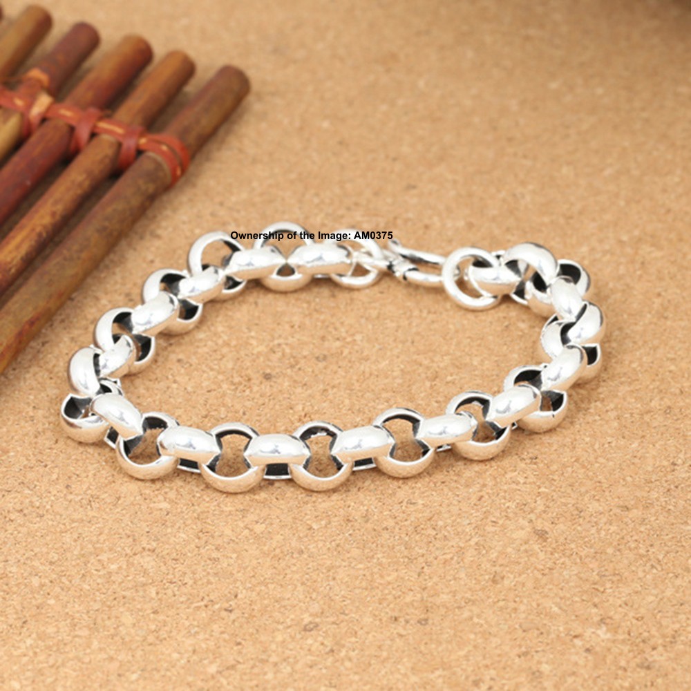 10MM ROLO Link Real S925 Sterling Silver Bracelet Women Men’s Bangle 8.26inch
