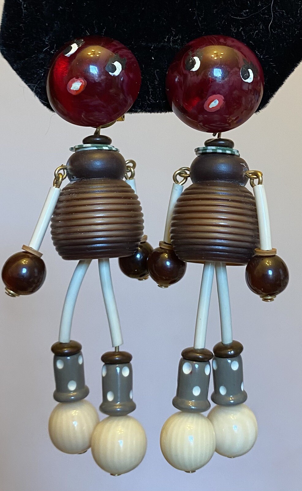 vintage French Celluloid Plastic Beaded Brown Girl Dangly Clip Paris Earrings 3″