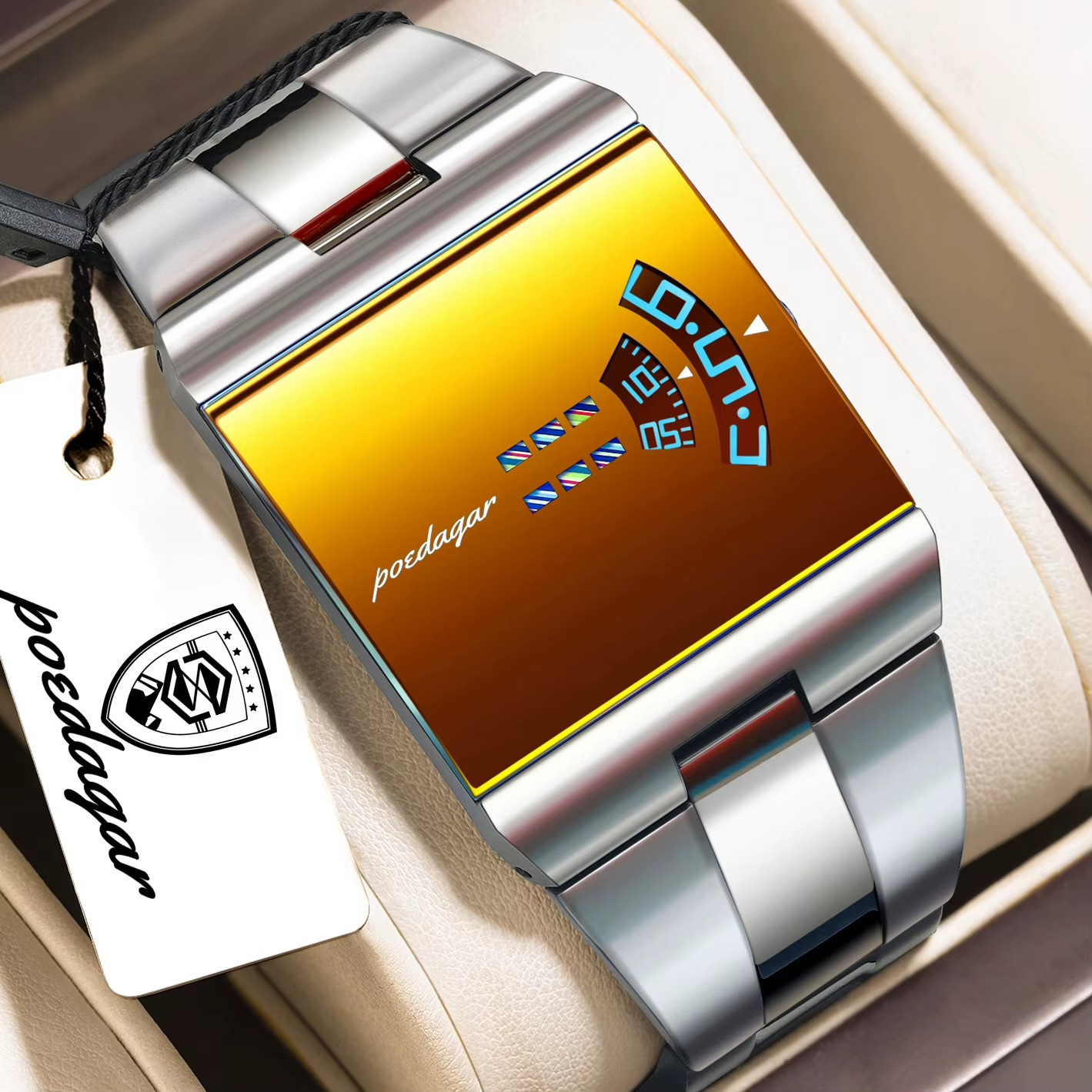 Men’s Watch Stainless Steel Quartz Waterproof Rectangle Luxury Stylish POEDAGAR