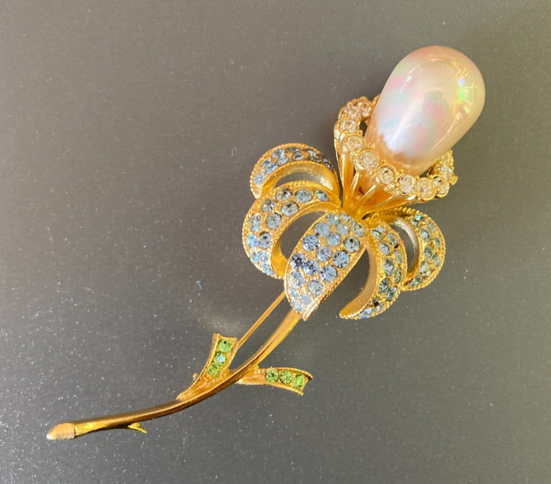 Vintage Ivana Trump Iris Flower Iridescent Faux Pearl Rhinestone GoldTone Brooch