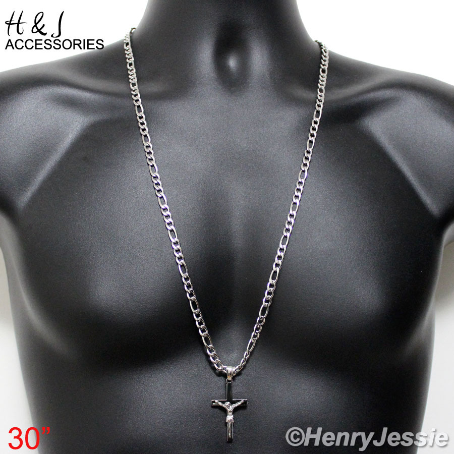 18-36″Stainless Steel 4mm Silver Figaro Link Necklace JESUS Cross Pendant*P62