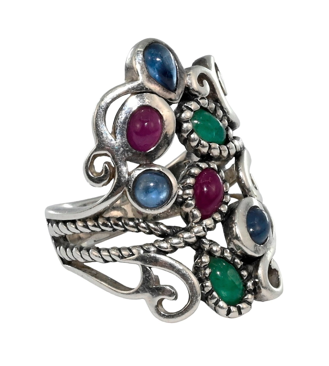 Paz Creations PZ Israel Sterling Silver 925 Ruby Sapphire Emerald Ring! Size 5!