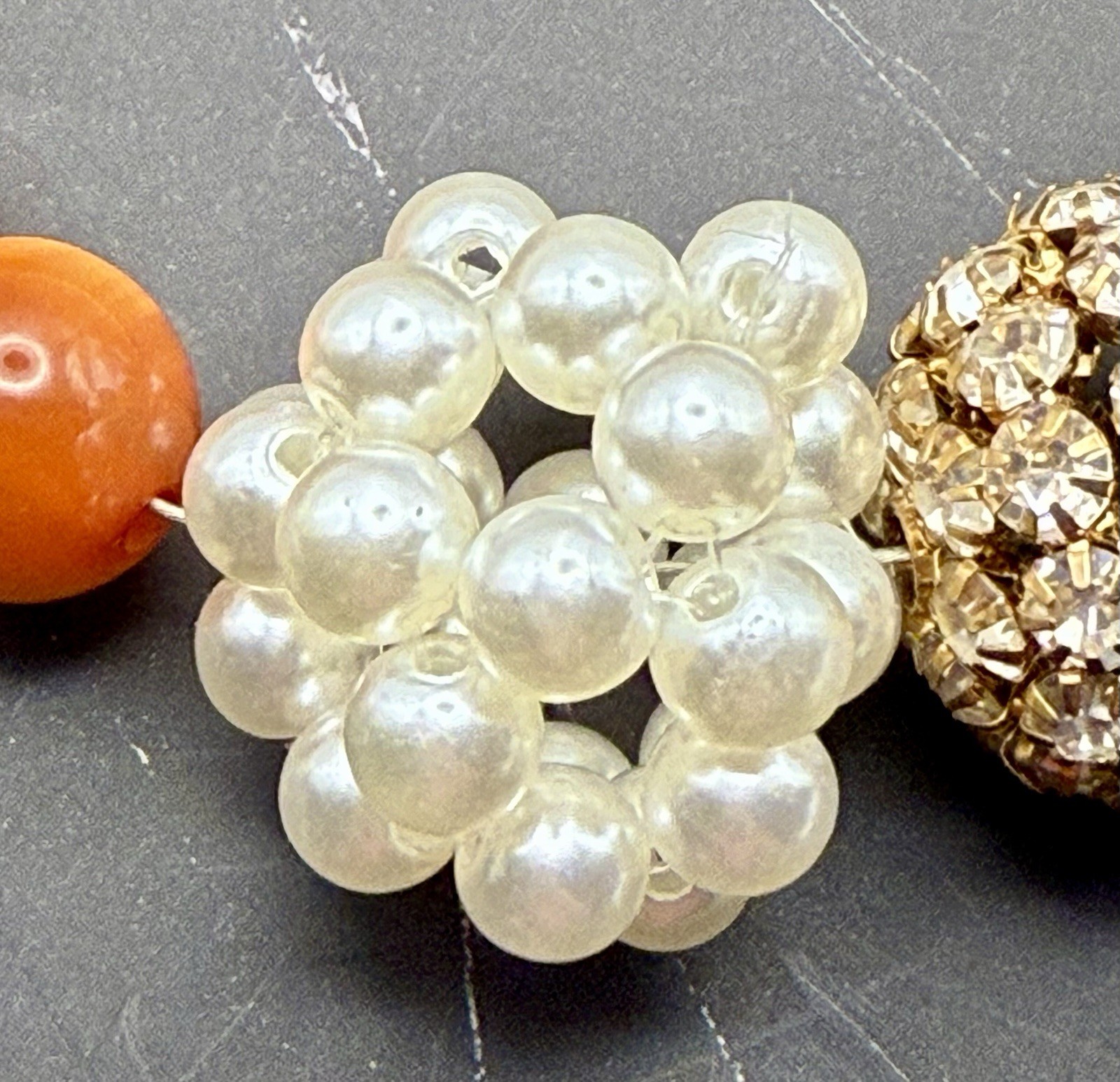 Chico’s Orange Pearl Crystal Pave Ball Chunky Statement Necklace C 1946 18-22″