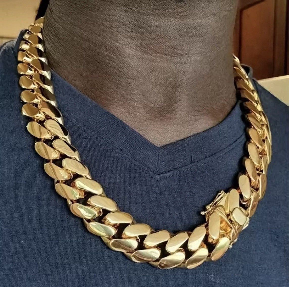 Gold Tone Cuban Link Chain Necklace 22in 14mm Thick Metal Chain with Box Clasp
