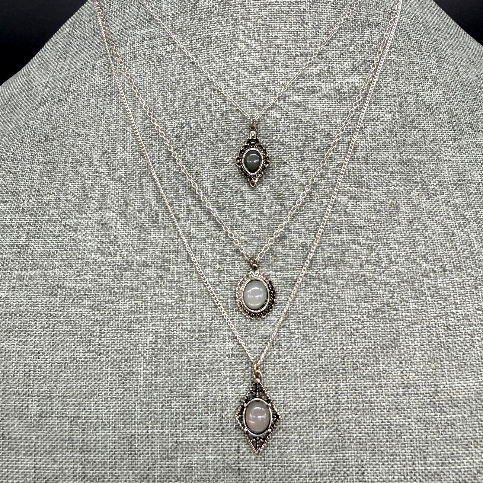 Vintage Necklace 3 Strand Layered Pendants Silver Tone Colored Stone Adjustable
