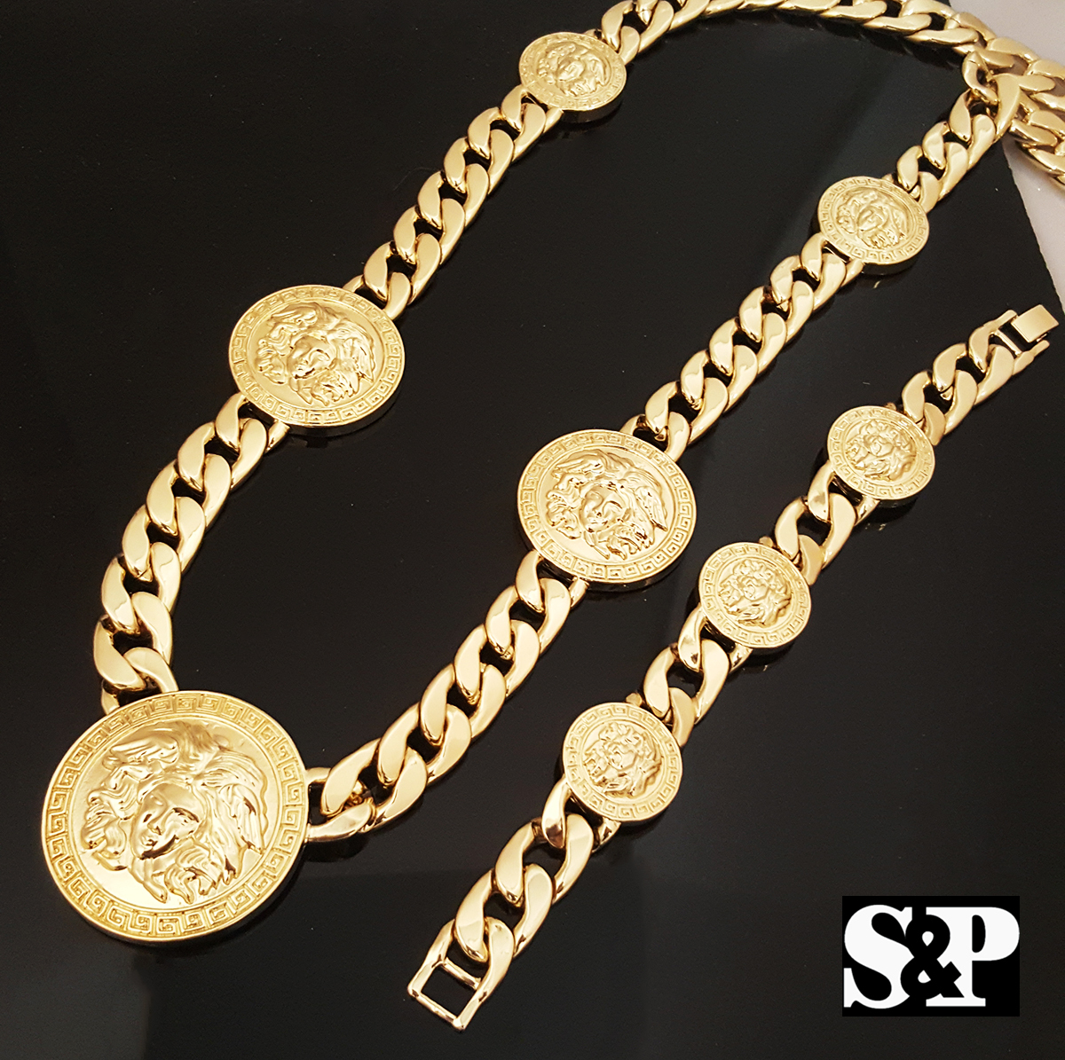 Men Iced Watch & Medusa Head Medallion Cuban Necklace & Bracelet Combo Set