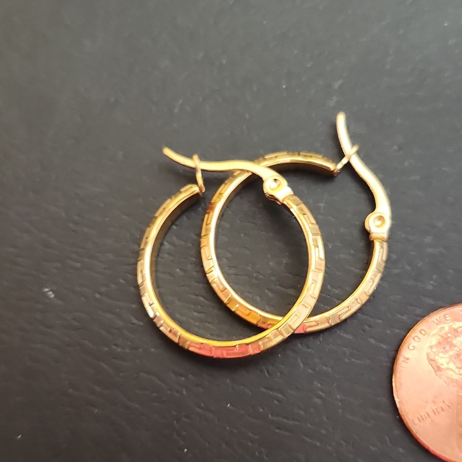Gold-Tone Round Hoop Leverback Earrings Metal No Stone Greek Key Pattern