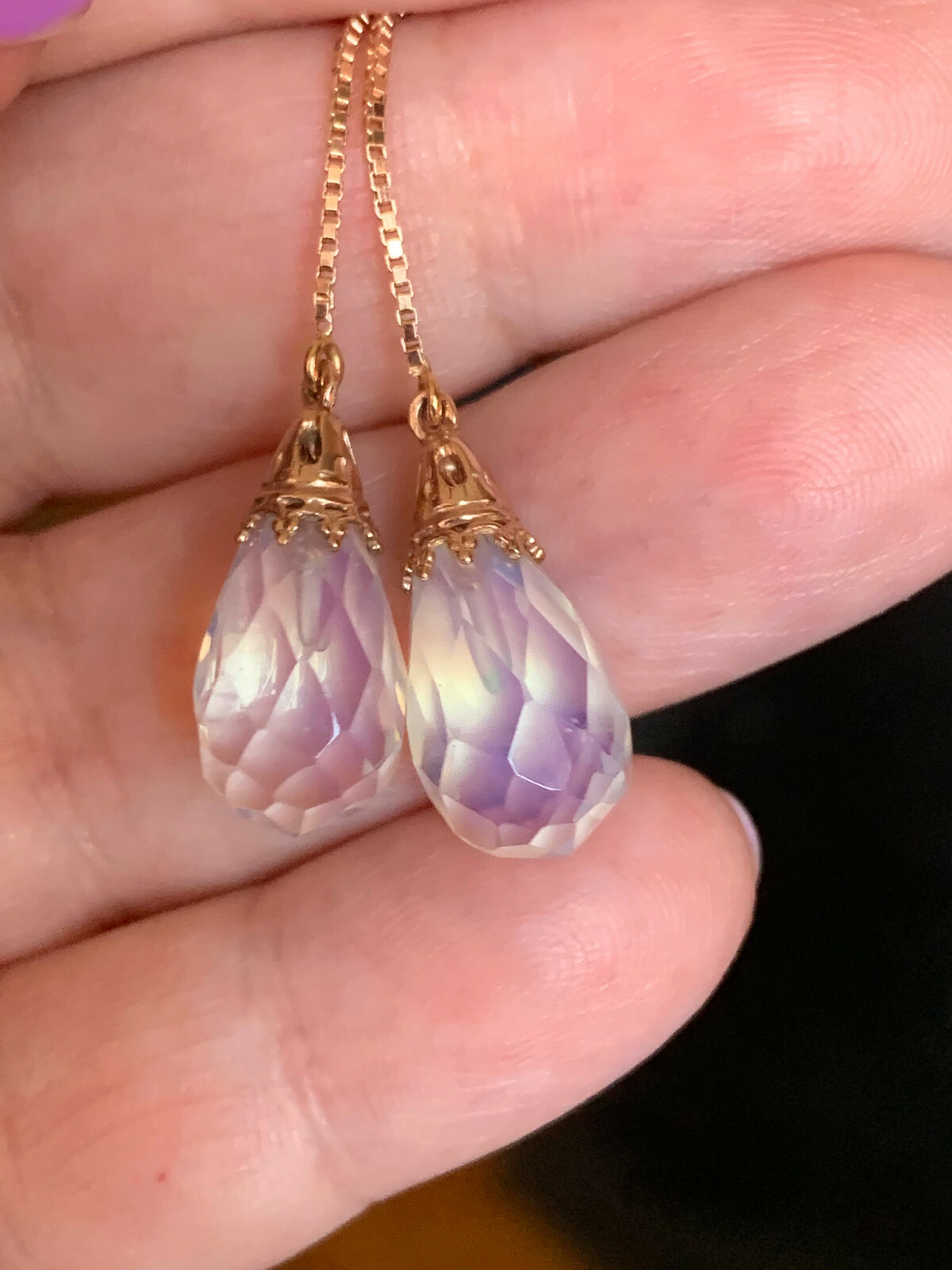 14K PINK ROSE GOLD MOONSTONE THREADER PULL THROUGH CHAIN DANGLE DROP EARRINGS