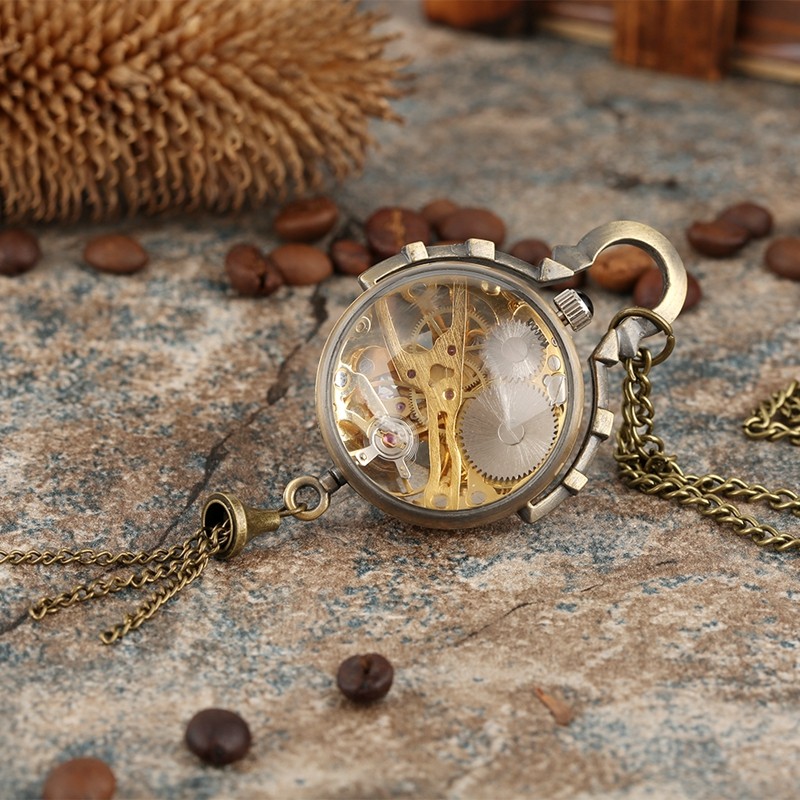 Transparent Glass Ball Pocket Watch See-Through Mechanical Hand-Wind with Chain