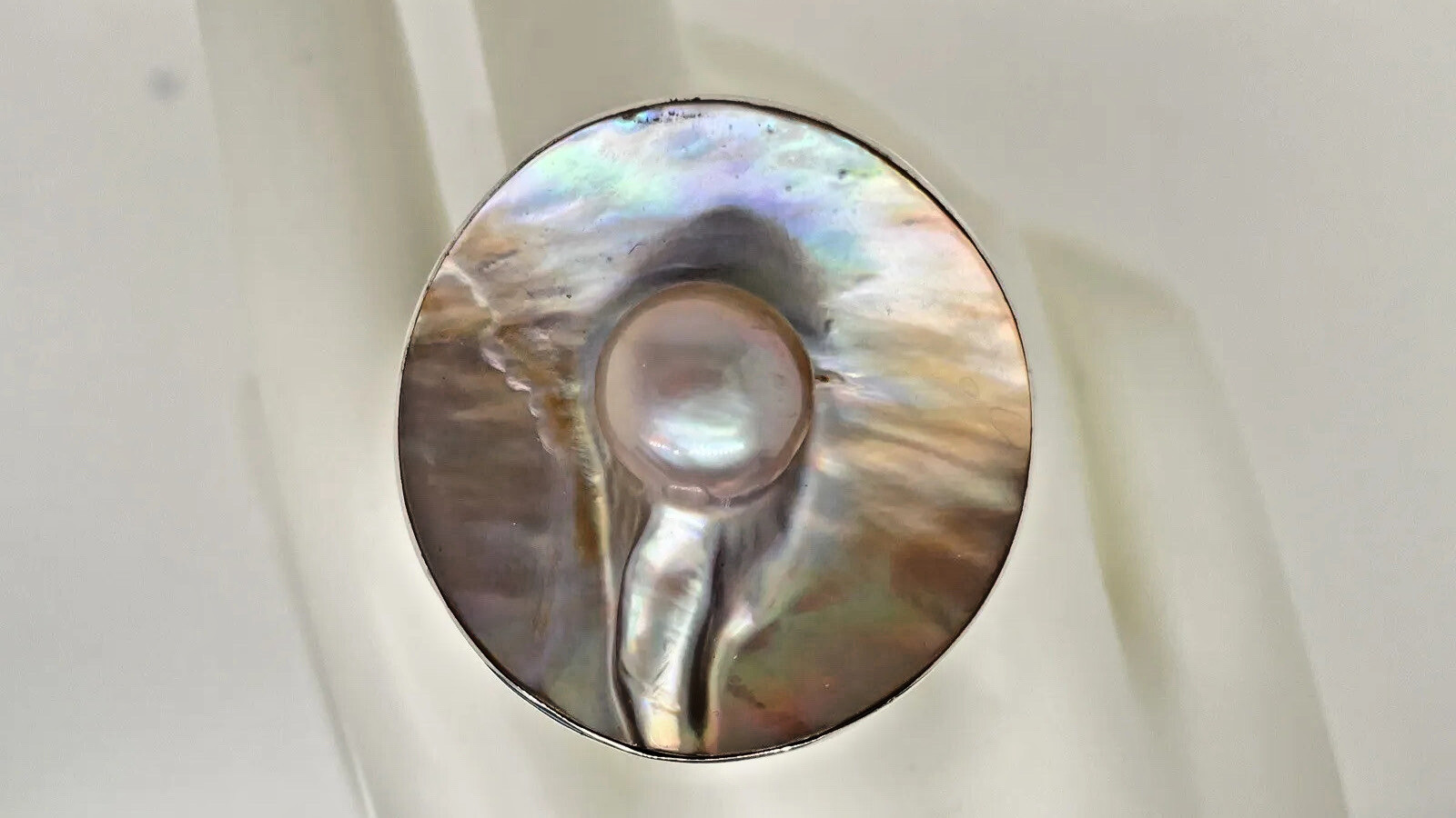Sterling Silver Large 35mm Blister Pearl, Bezel Set, Ring Size 11 3/4 – 42 Grams