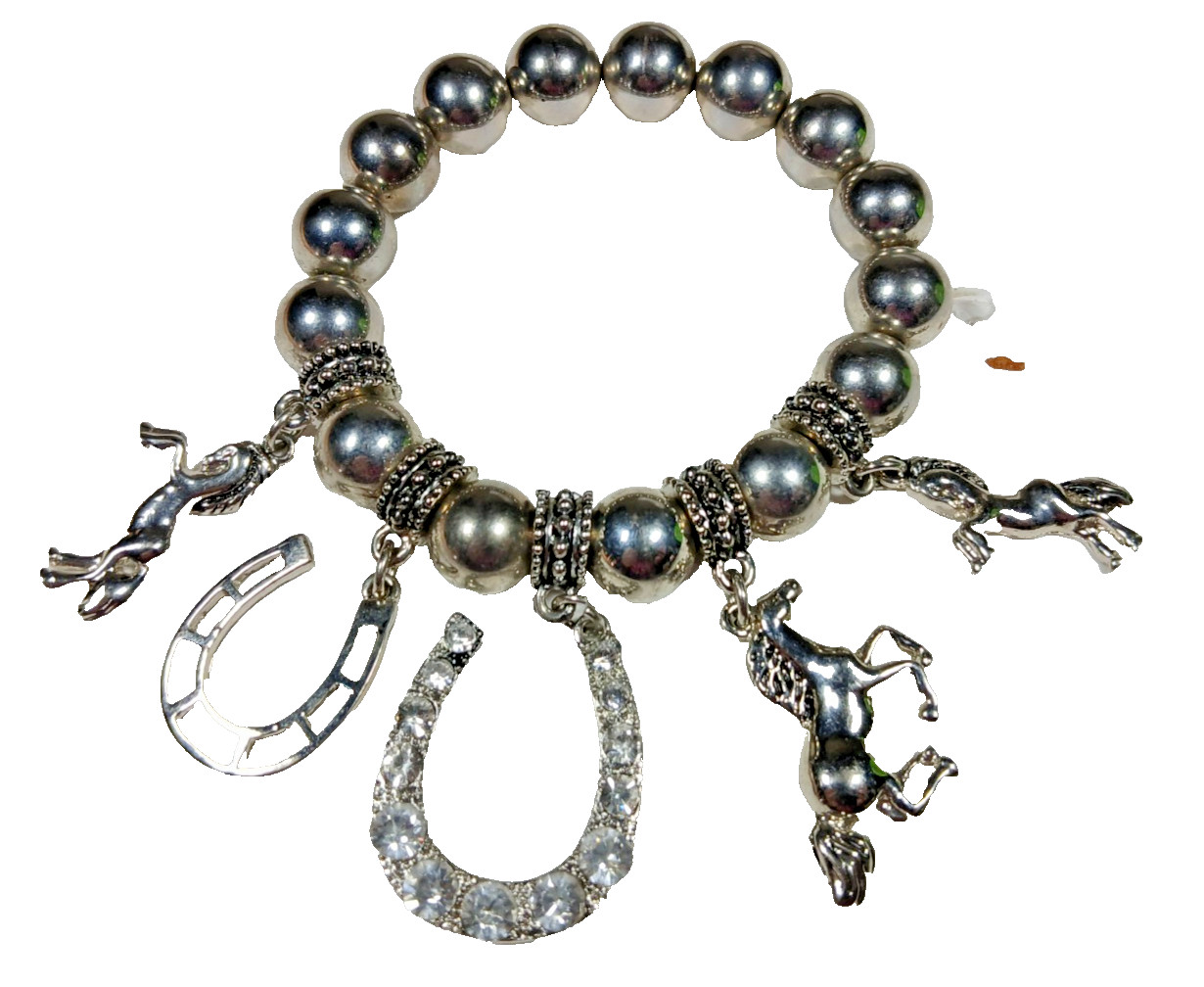 Western Rhinestone Horseshoe horse Charms Silver Beaded Cowgirl Stretch Bracelet