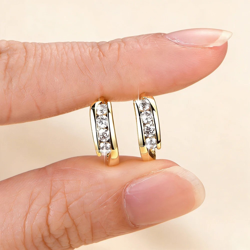 2.5mm D Moissanite Hoop Huggie Earrings Women 14K Gold Plated Wedding Jewelry
