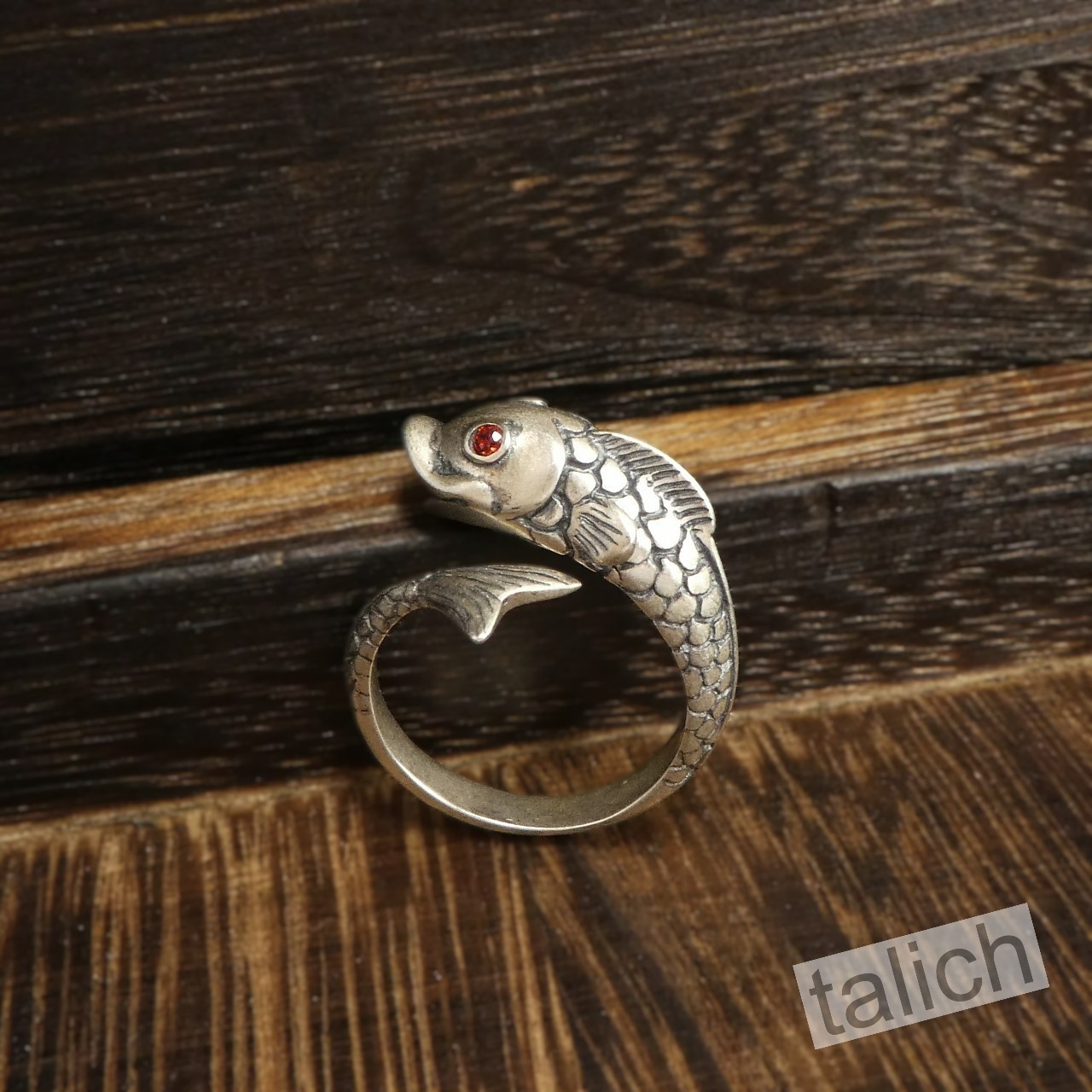 Antiqued 925 Sterling Silver Lucky Koi Fish Ring Red CZ Eyes Adjustable Unique
