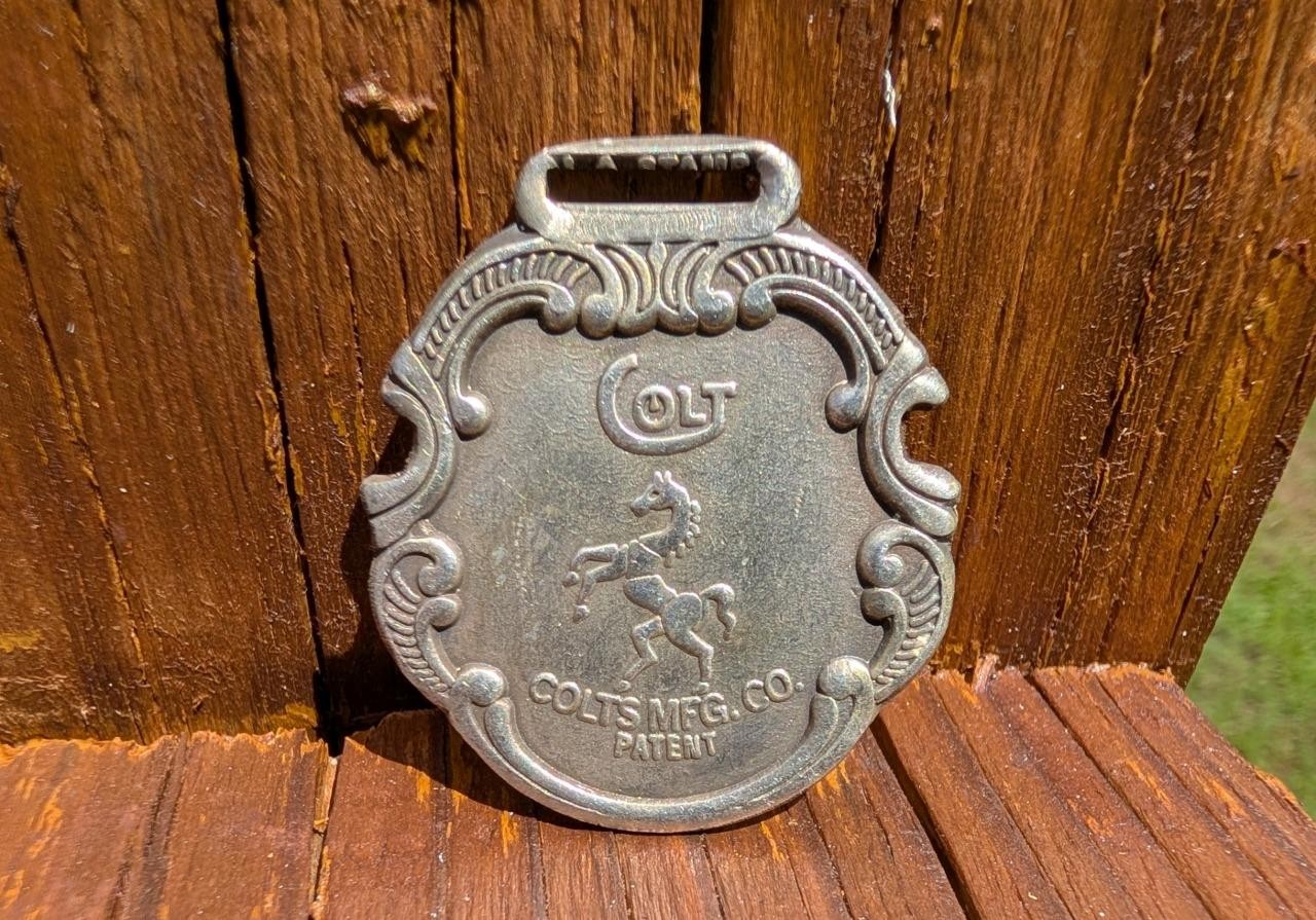 COLT FIRE ARMS AND GUNS WATCH FOB COLTS MANUFACTURING CO. SILVER ANTIQUE FINISH