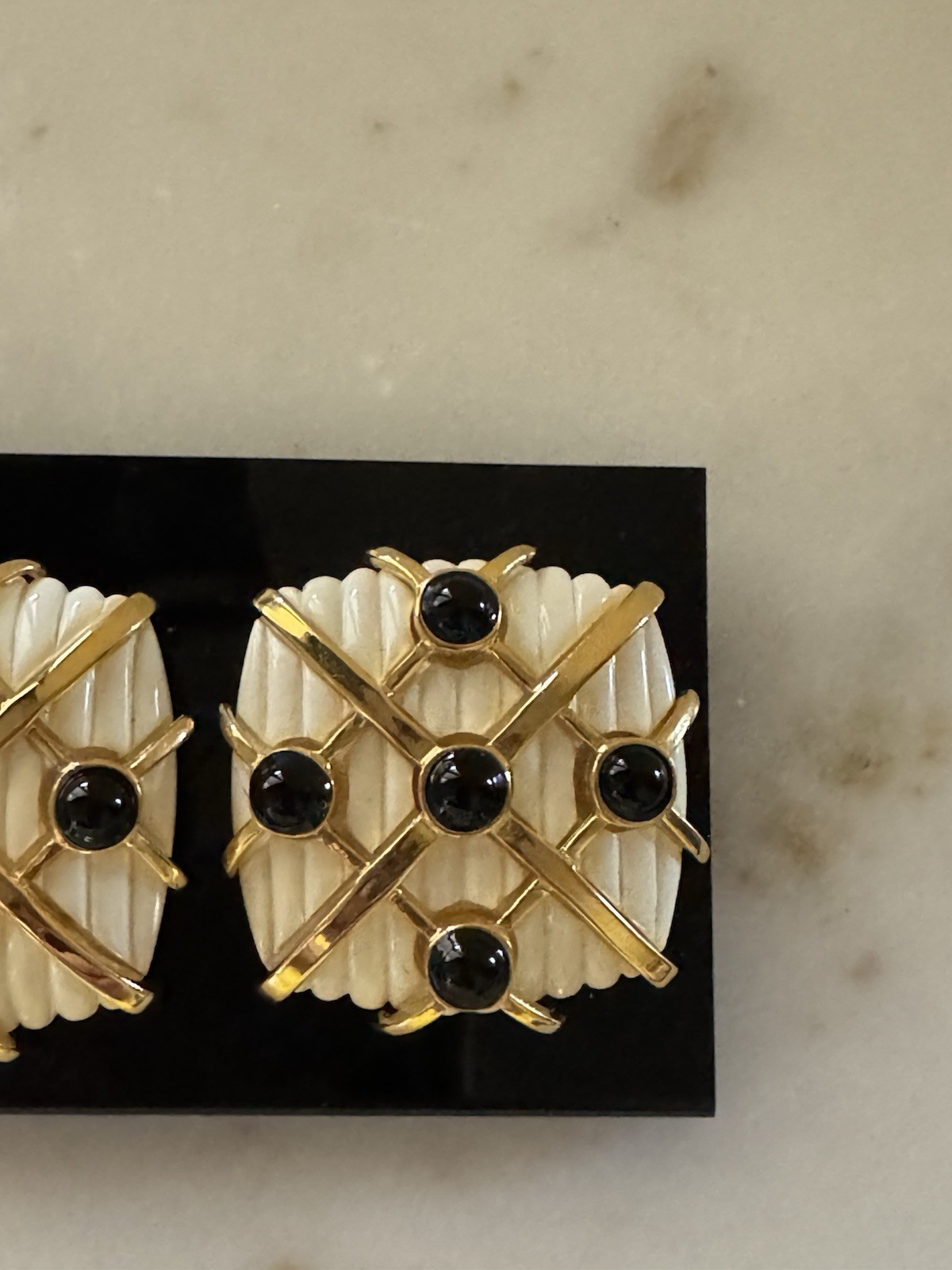 Vintage Square White Black Gold Tone Earrings Fluted Runway Statement 1980s