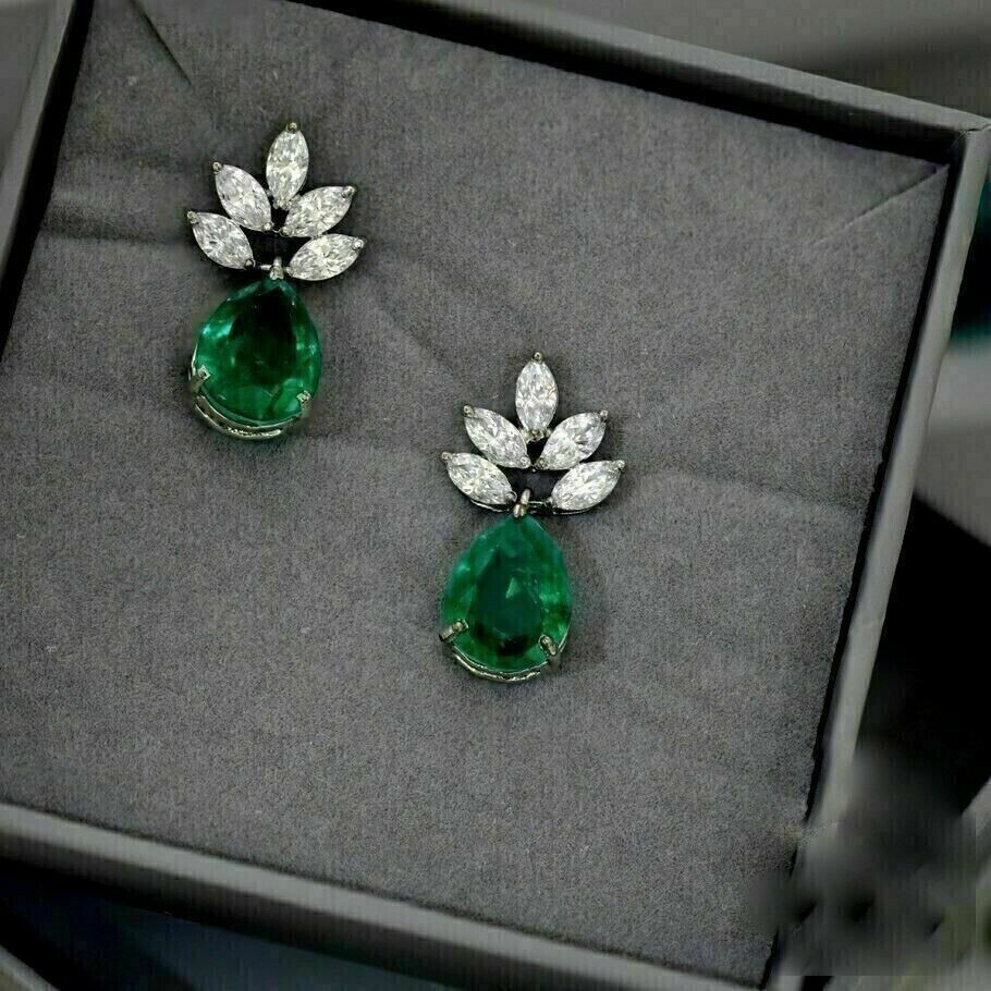3Ct Pear Cut Simulated Emerald Drop/Dangle Tiny Earrings 14K White Gold Plated