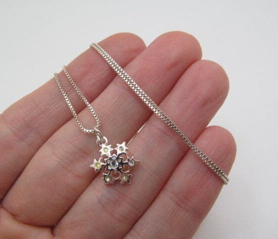 925 Sterling Silver Thailand Crystal Snowflake Box Italy Chain Necklace 20.5 In