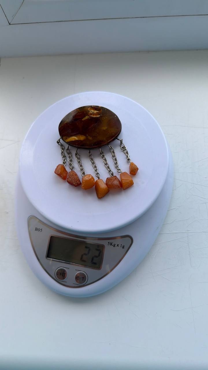 Vintage USSR Baltic Amber Mosaic Brooch Dangle Natural Amber 22g Rare