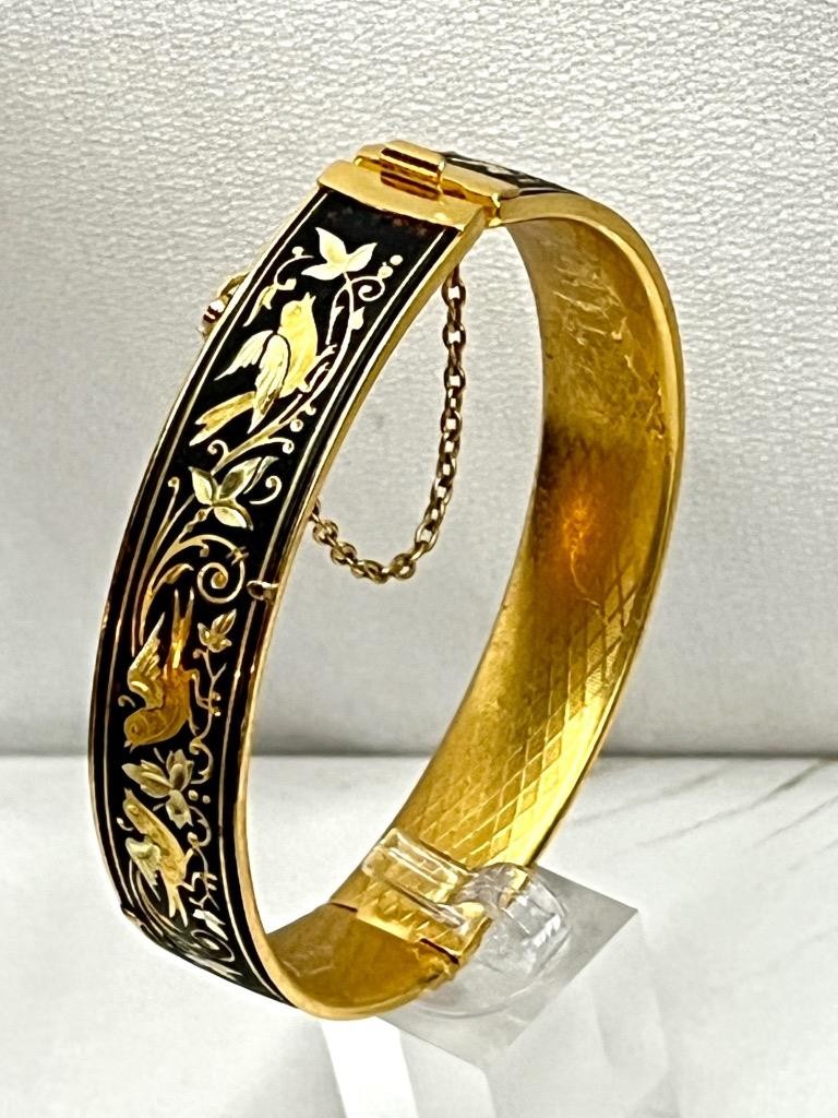 Vintage ia Midas Damascene Toledo Spain Round hinged Cuff Bracelet w/Birds #31-8