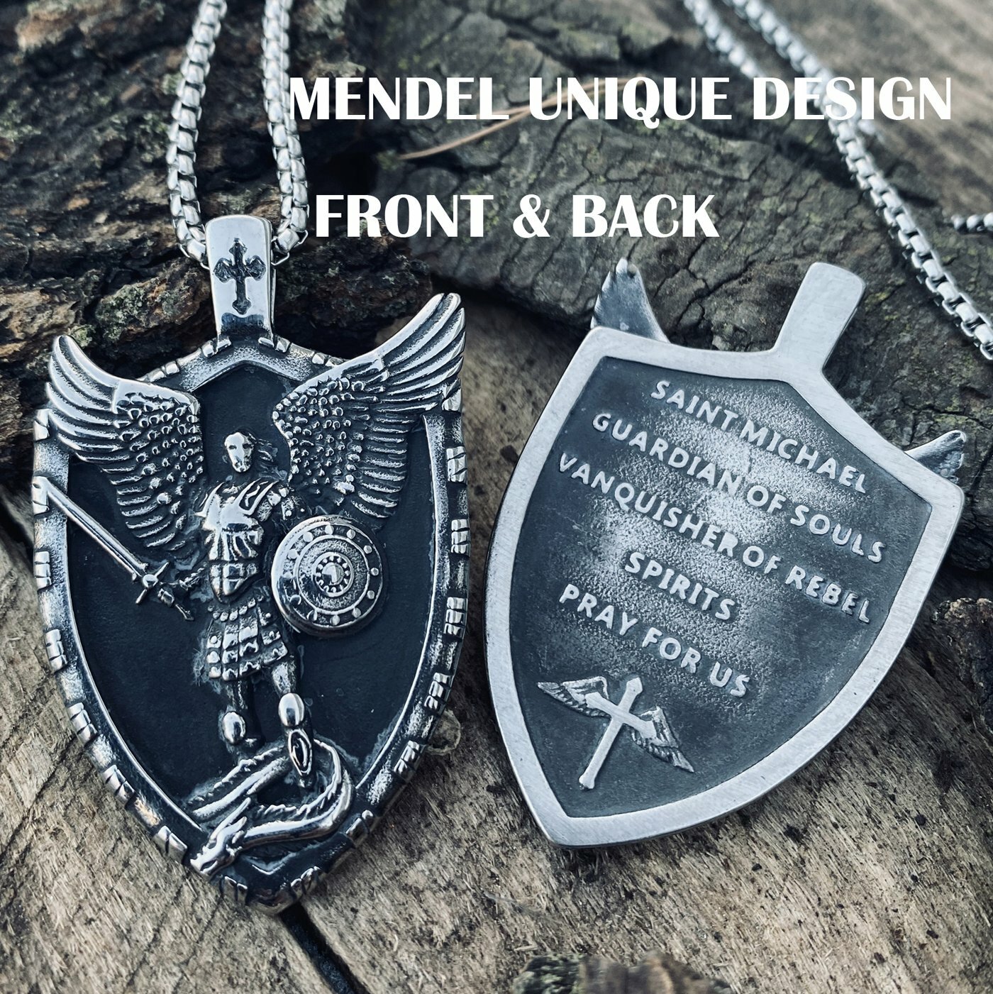 MENDEL Mens Christian Shield Cross Archangel Angel Michael Pendant Necklace Men