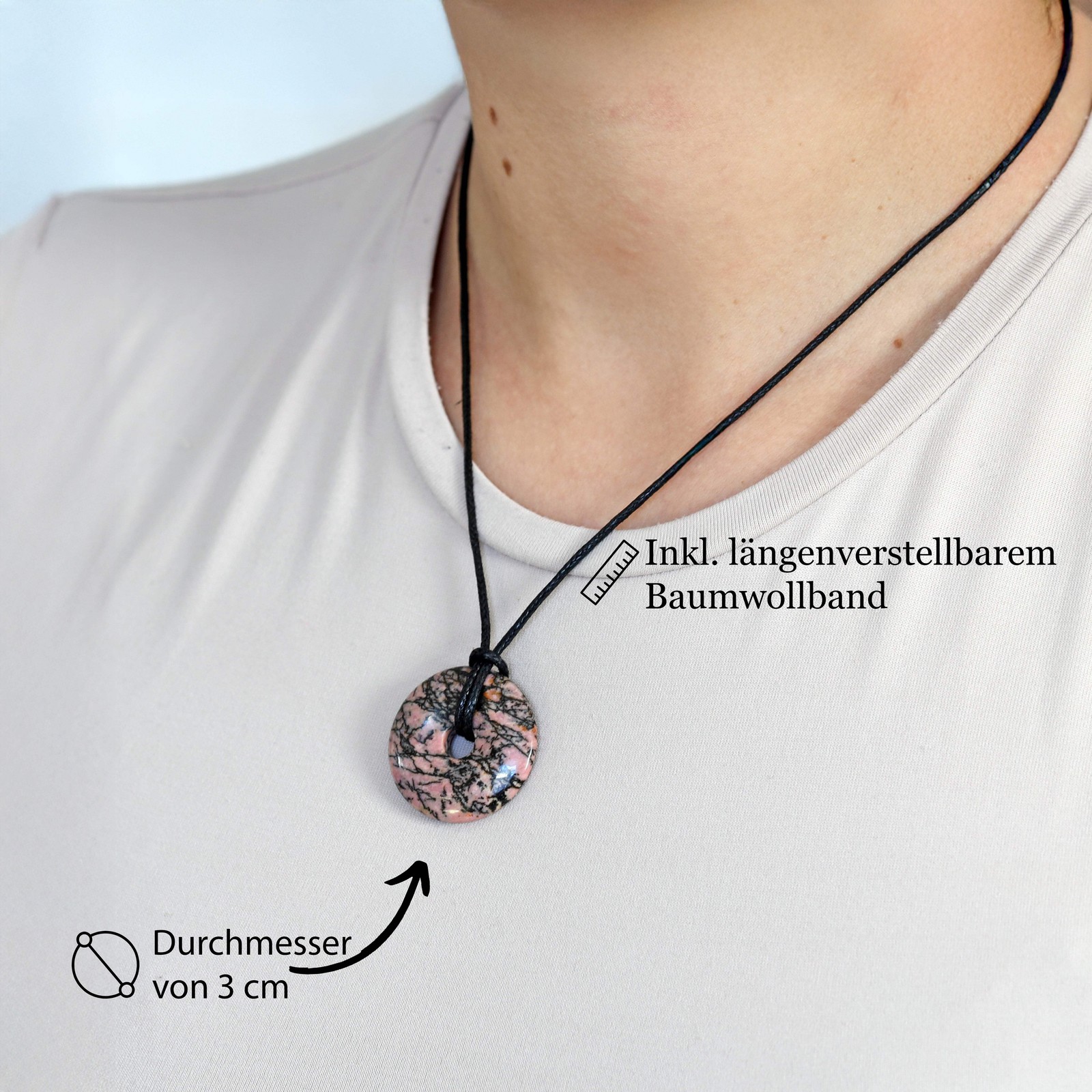 Rhodonite Donut 30mm Pendant with Cotton Ribbon | Gemstone Jewellery