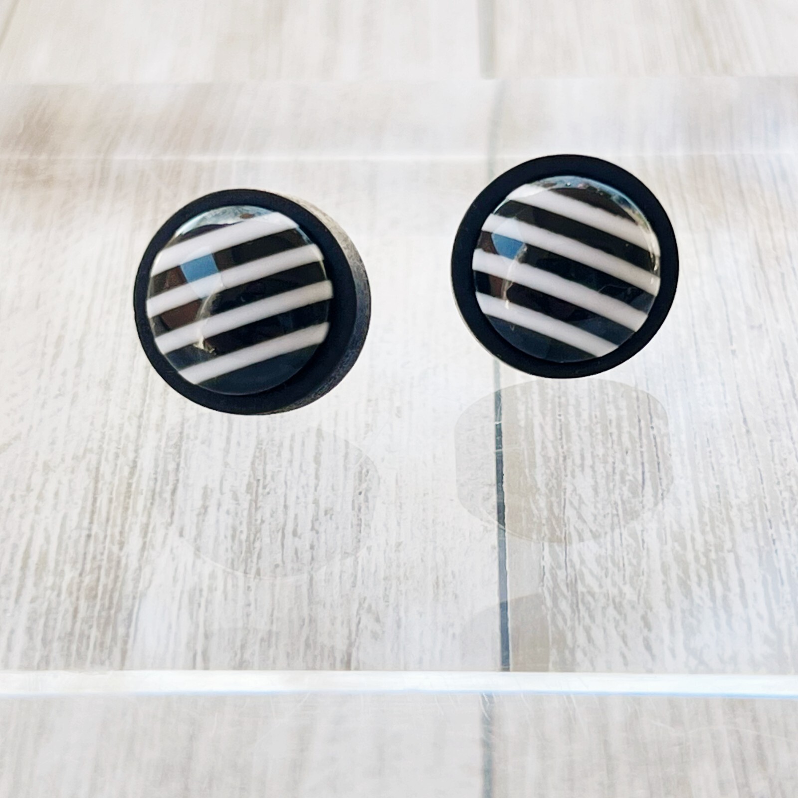 Black and White Striped Stud Earrings Black Wood Stainless Steel Post Earrings