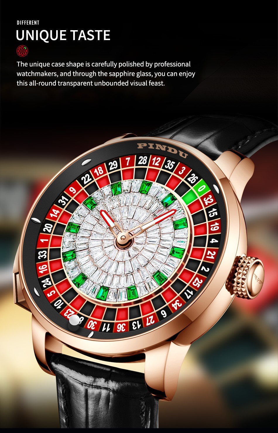 2024 PINDU roulette silver shell black belt button men’s mechanical watch luxury