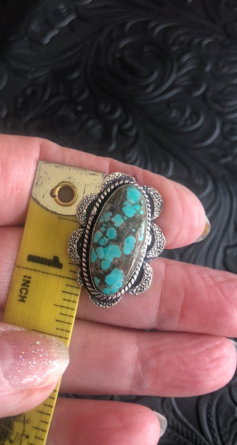Blue Turquoise Ring Size 8.5 Flower Motif Web Matrix Artisan Southwest