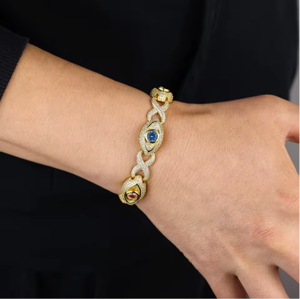 3CT Lab Created Diamond Pink Blue Paved Evil Eye Link Infinite Chain Bracelet