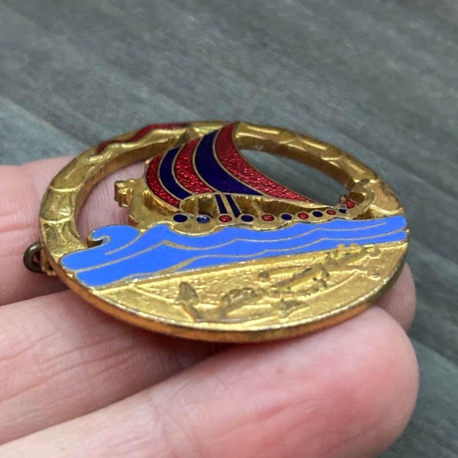 Vintage Lagerströms Mjölby Viking Ship Brooch with Pink and Blue Accents