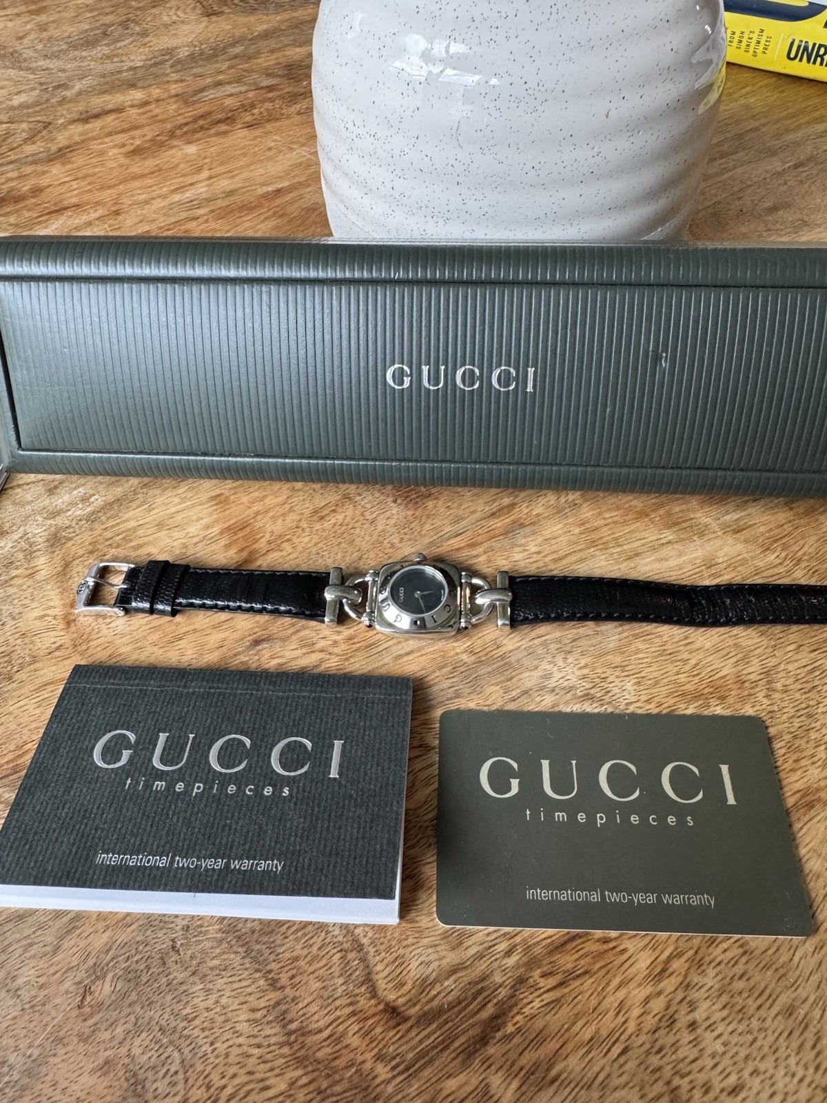 Vintage Gucci Silver and Black Round Dial Link Bracelet Watch with Box & Papers