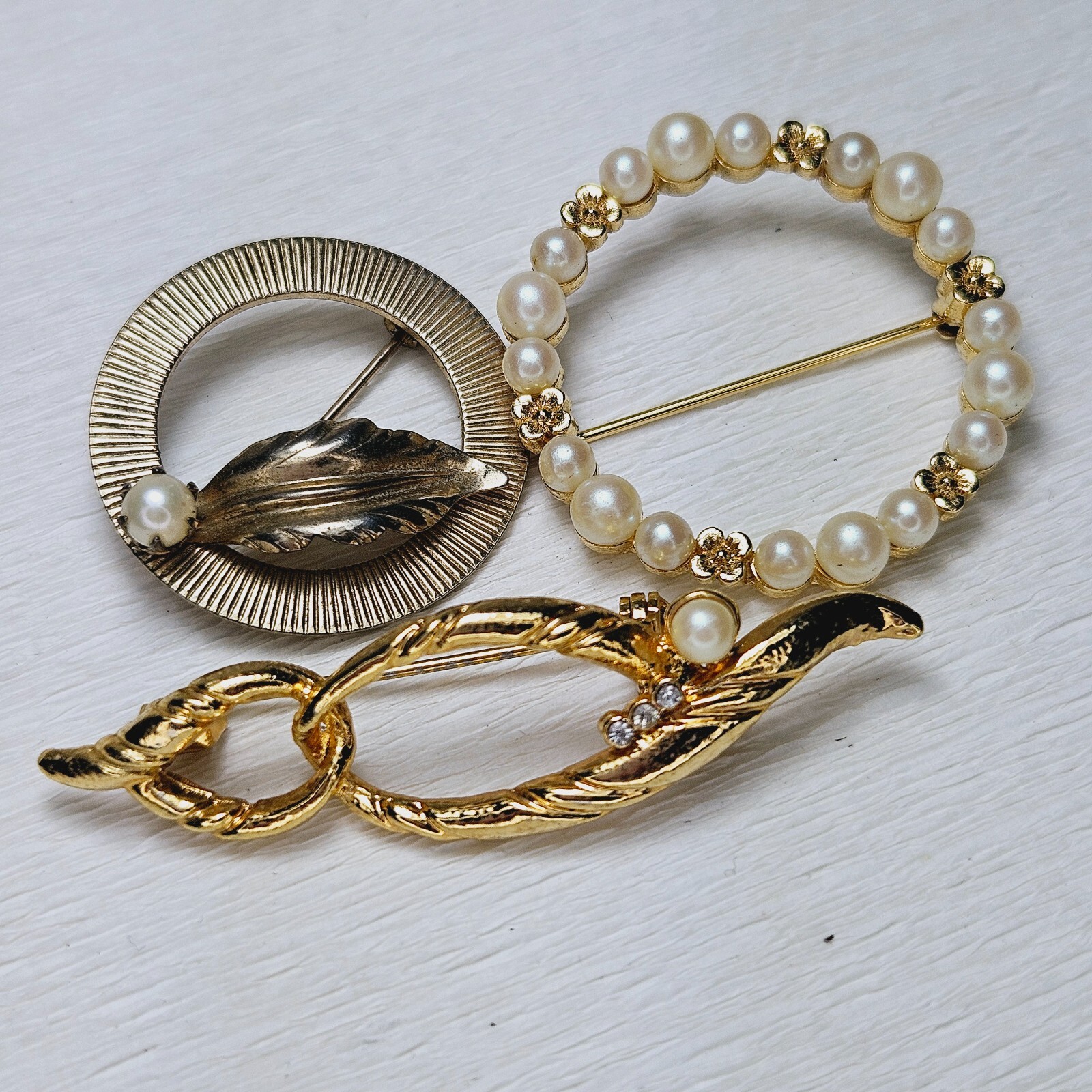 3 Vintage Brooches Faux Pearl Gold Tone Rhinestone 2 Round 1 Bar