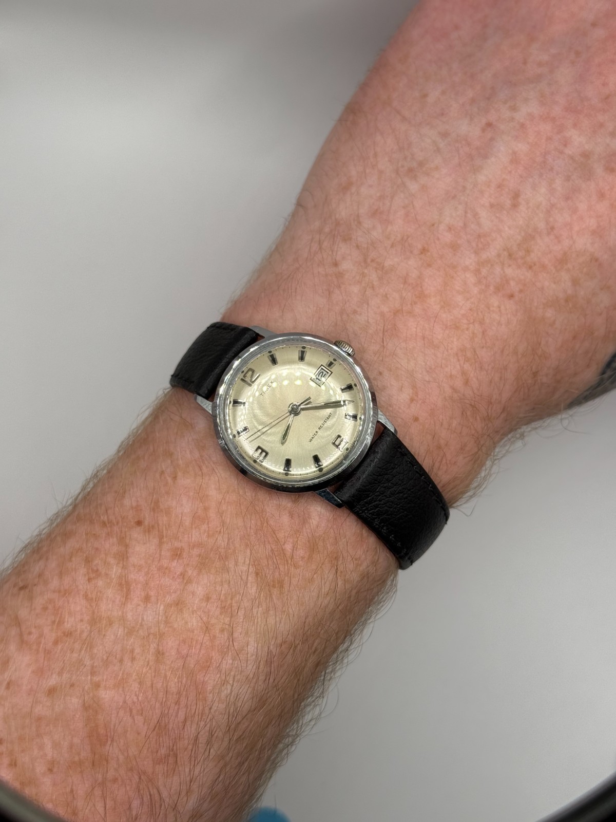 Vintage 1970 Timex Marlin Mechanical Silver Tone Black Leather Serviced