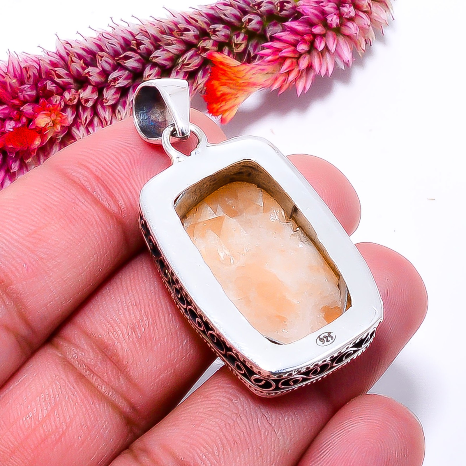 Orange Calcite- Peru Fine Art 925 Sterling Silver Pendant 0.98″ P10364114311