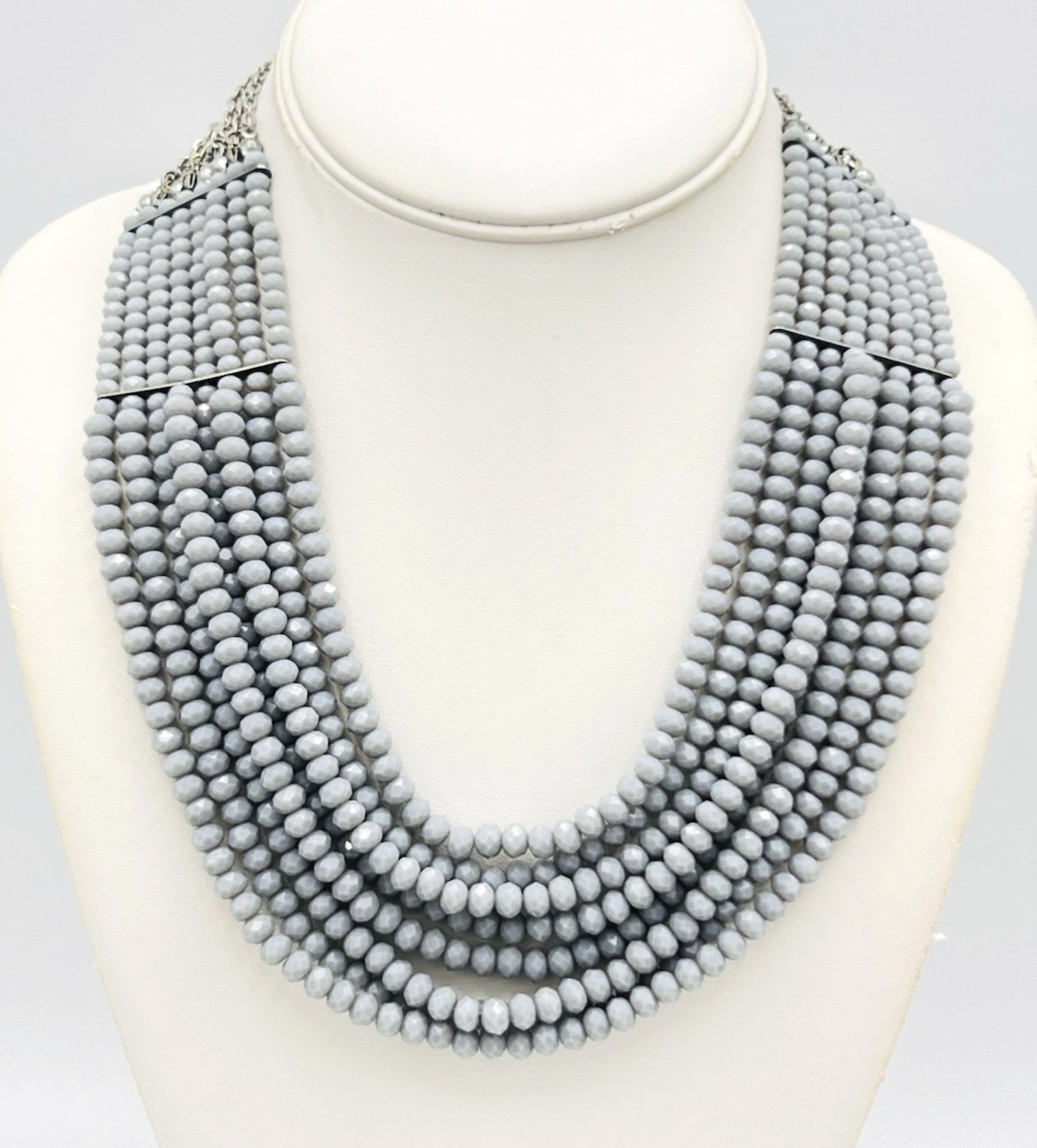 Layered Multi Strand Faceted Grey Glass Bead Collar Bib Necklace