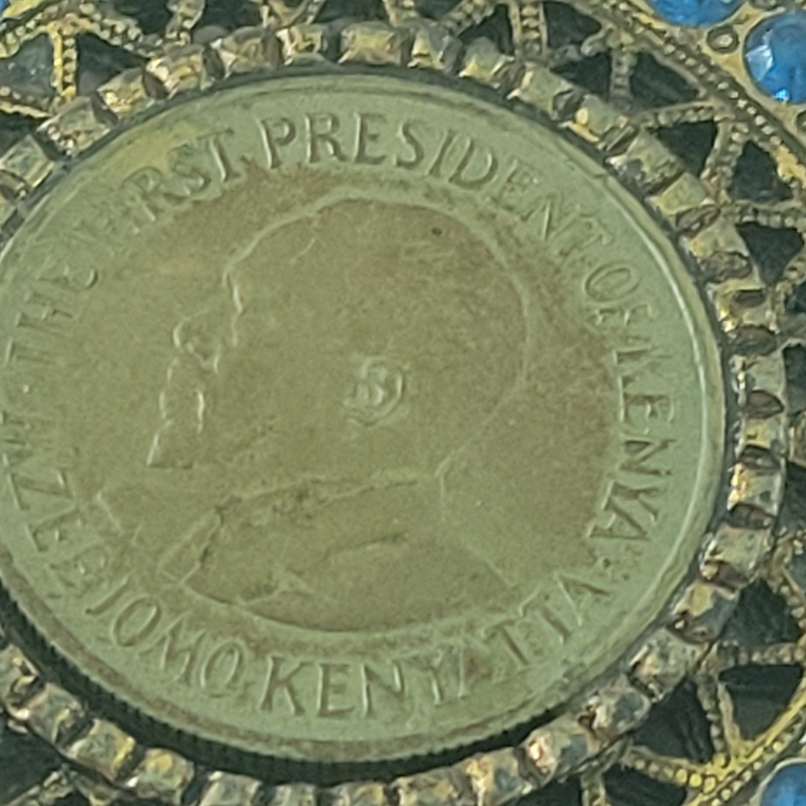 Vintage Kenya Mzee Jomo Kenyatta Coin Pendant Blue Rhinestone Halo Gold Tone