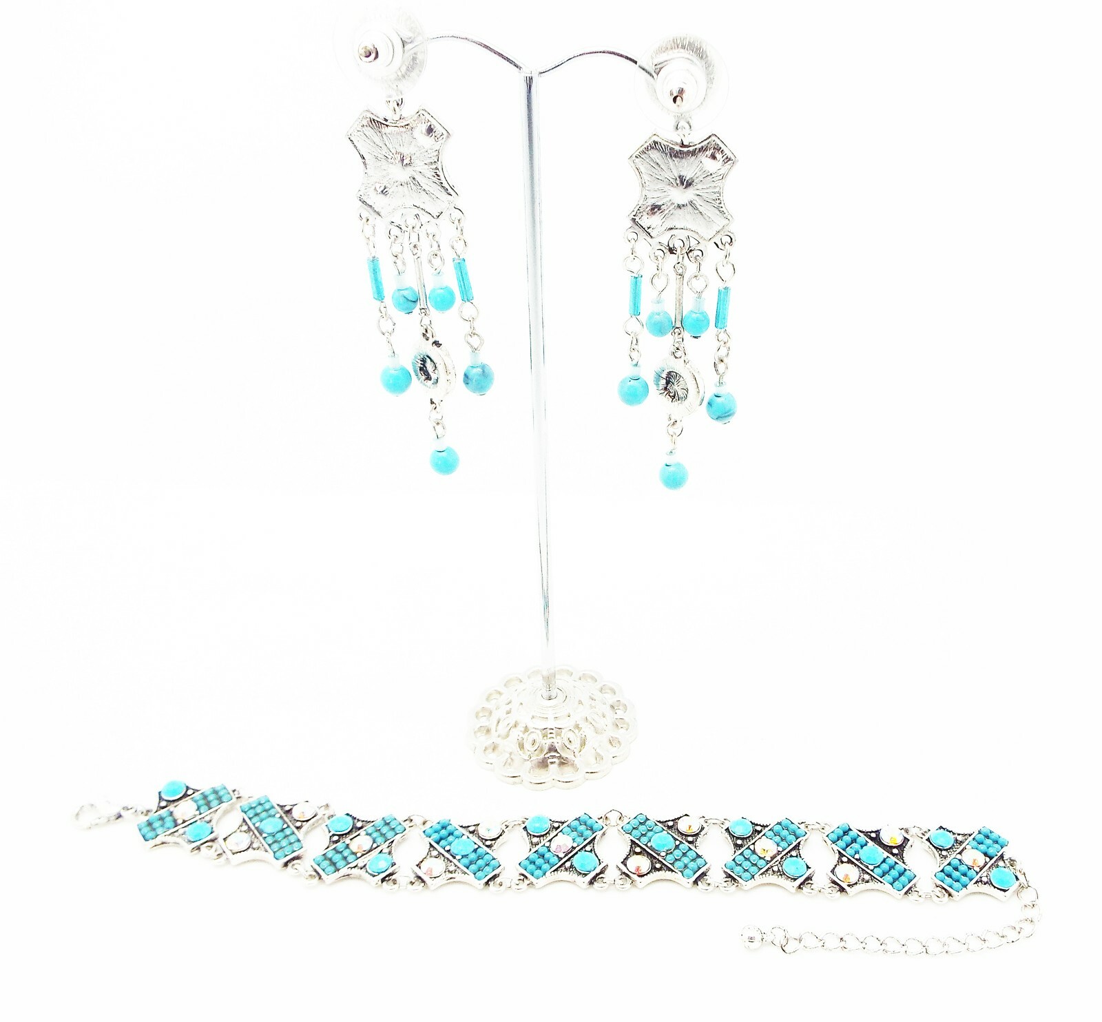 DESIGNER BLUE FAUX TURQUOISE CRYSTAL 6.5 in to 8.5 in BRACELET 2.75 in EARRINGS